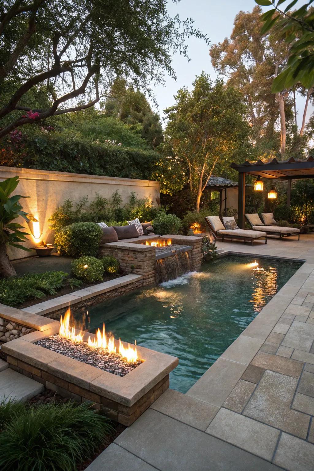 Elements of fire and water craft an enchanting and dramatic poolside ambiance.