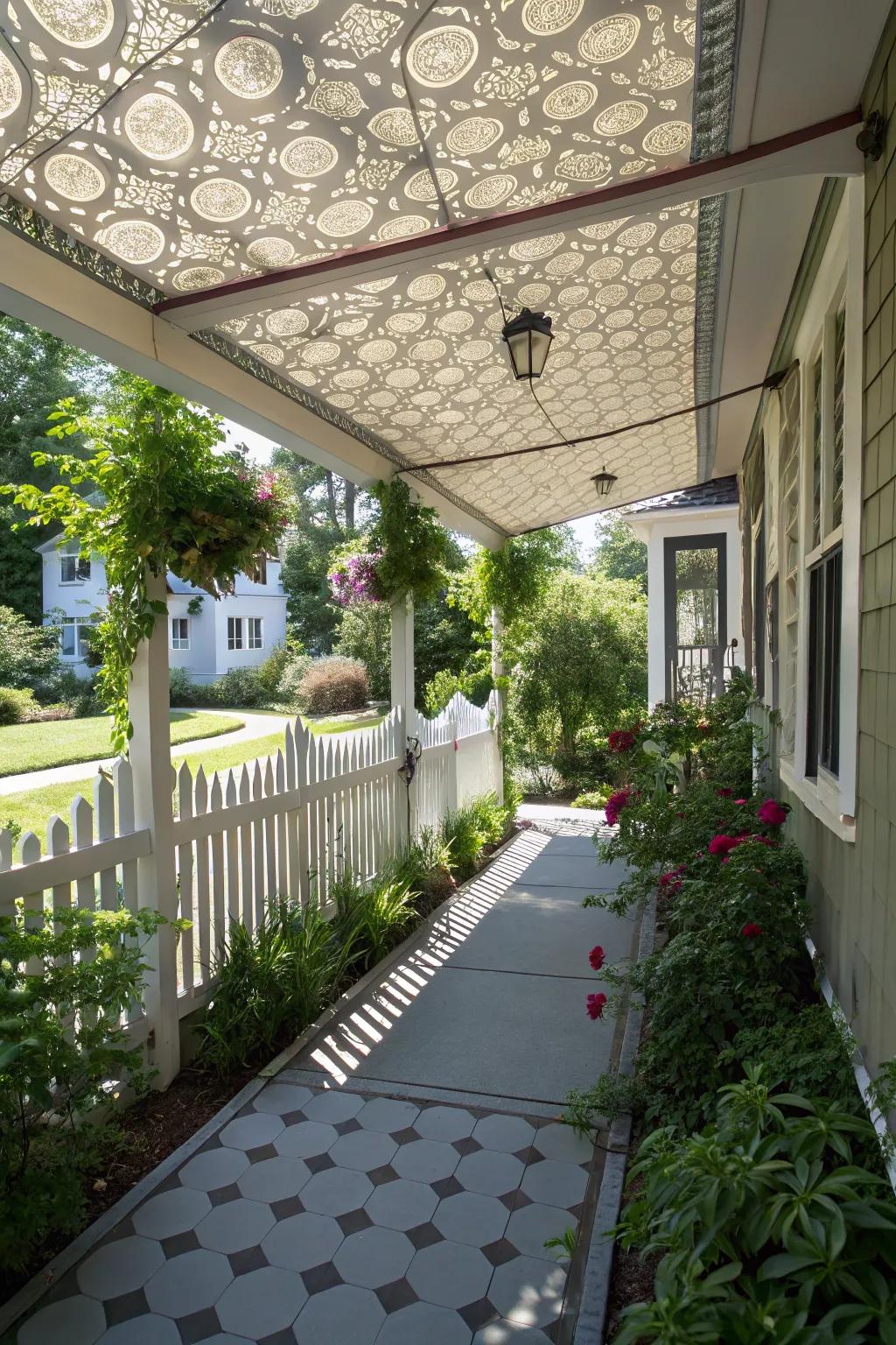 A porch expansion with a unique and creative canopy.