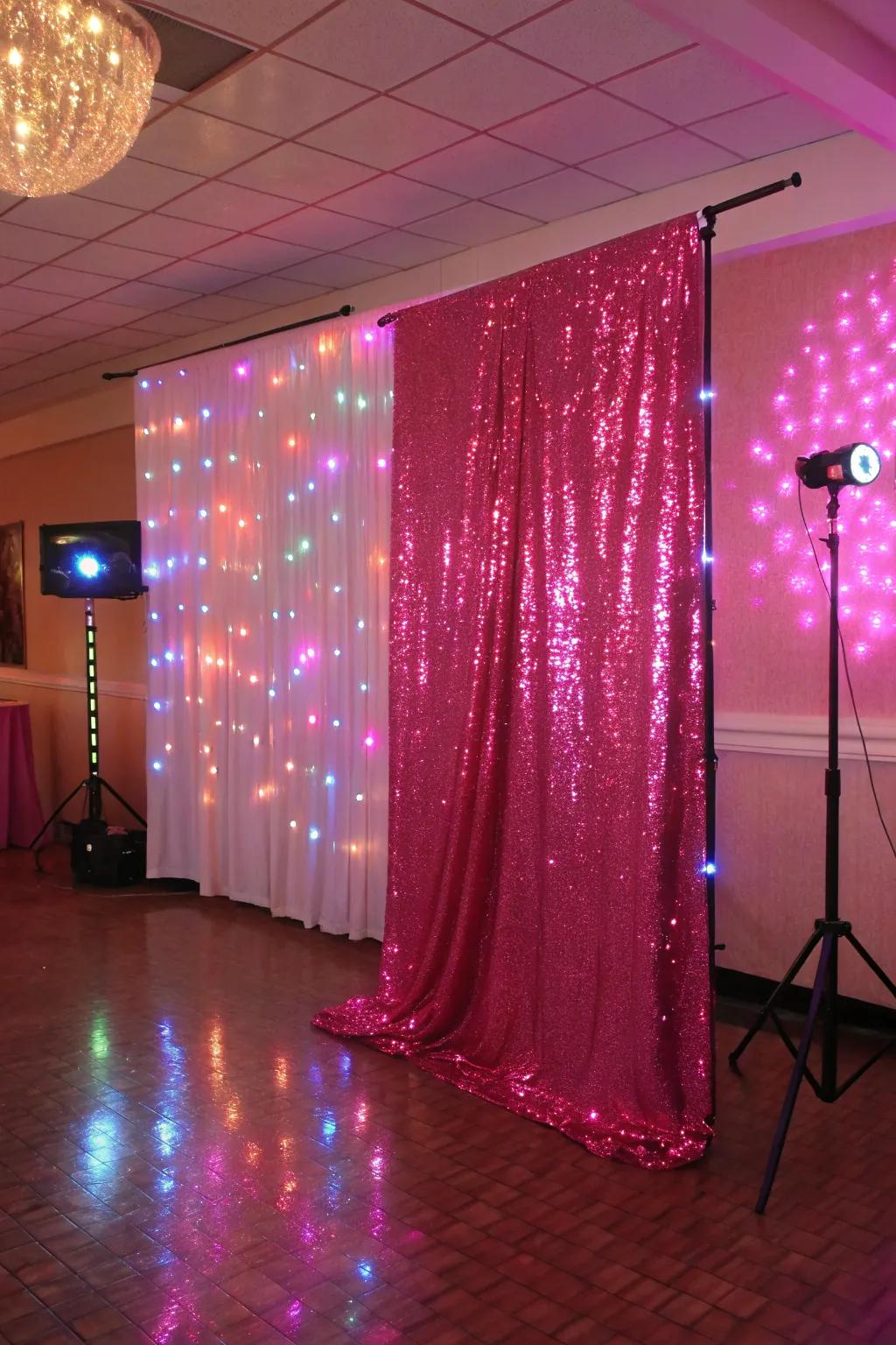 A rose sequin background adding a hint of sparkle to the decor.
