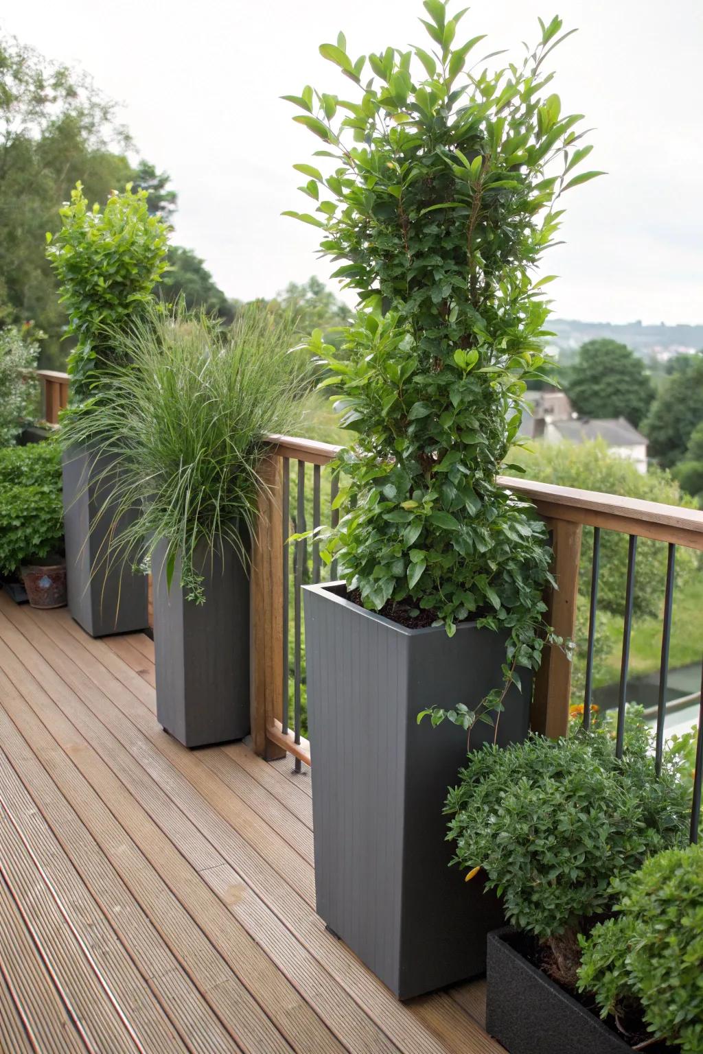 Lofty containers serve as authentic seclusion barriers on a deck.