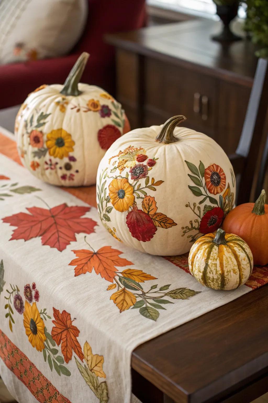 Personalized pumpkins with elaborate cut-out pattern designs.