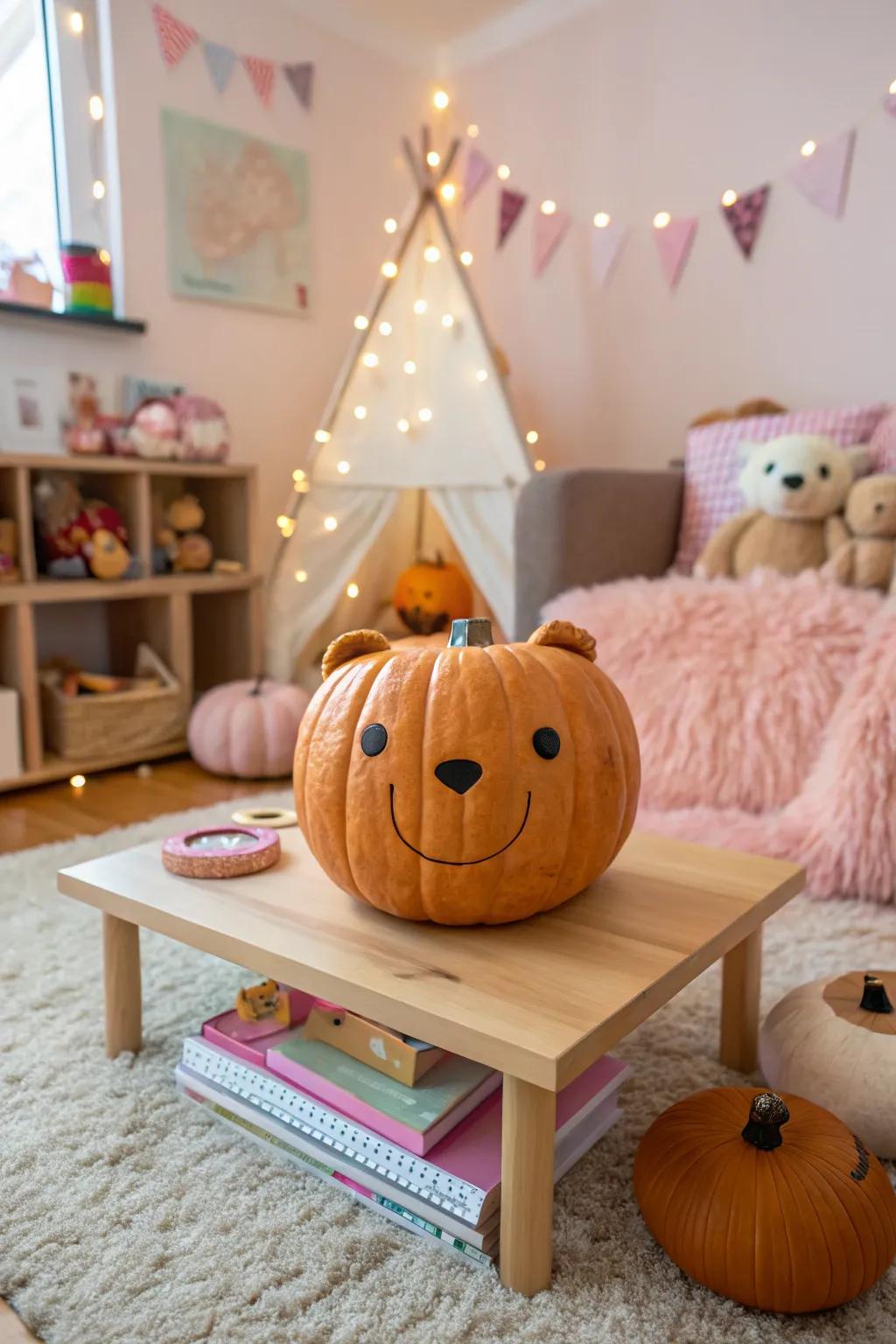 A lovable plush pumpkin ideal for a child's space.