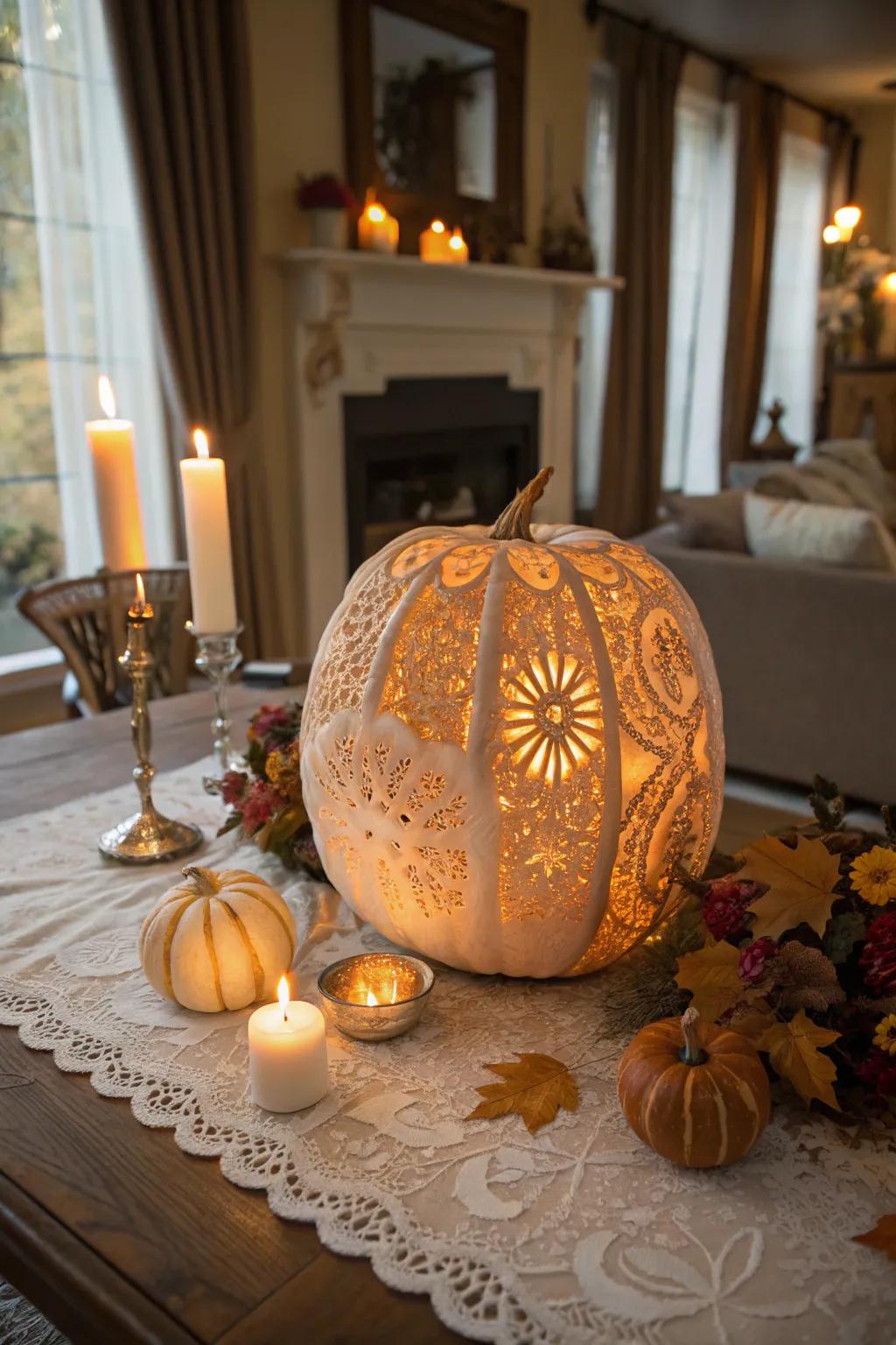 Sophisticated pumpkin with lace patterns.