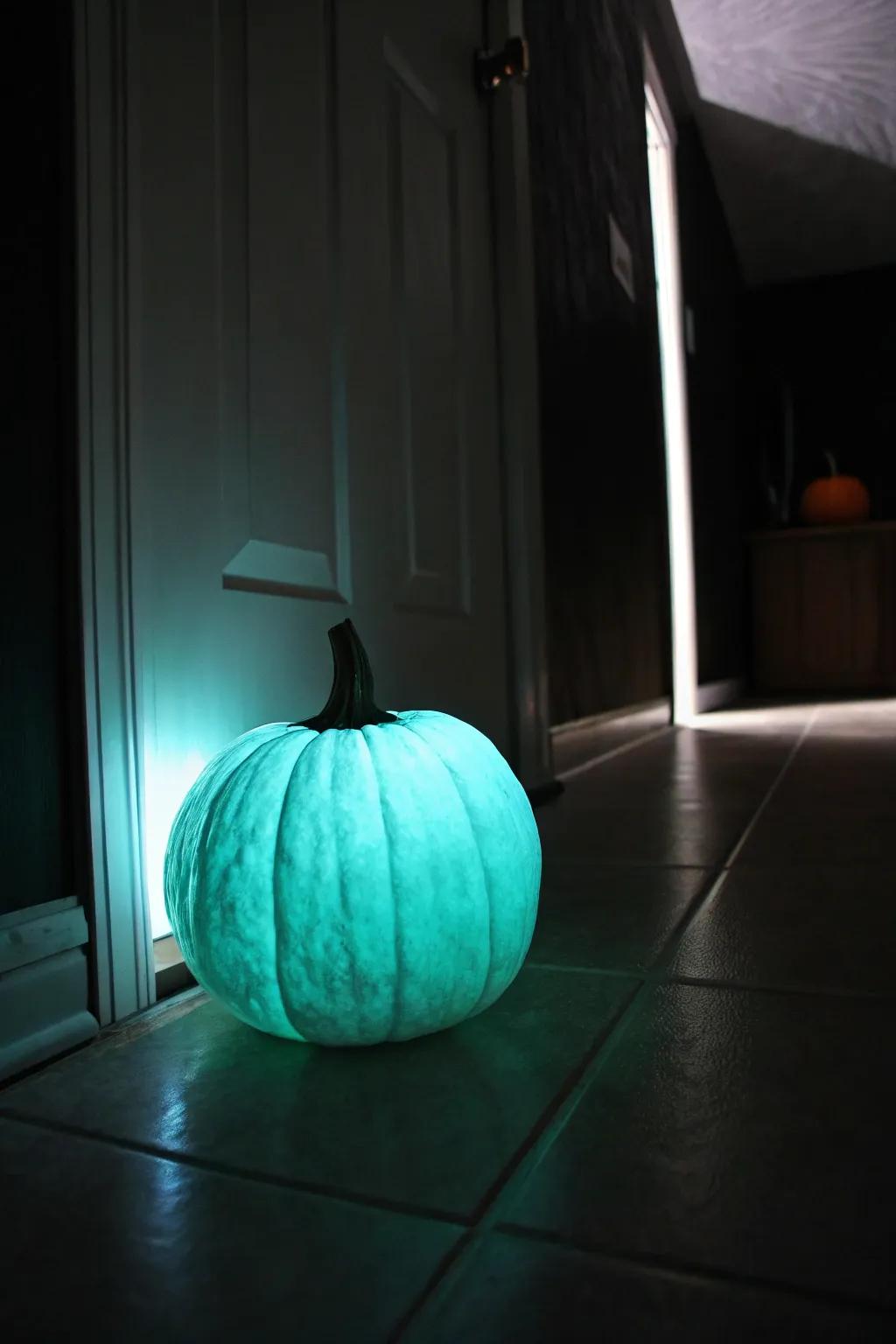 A pumpkin glowing with magical glow-in-the-dark paint.