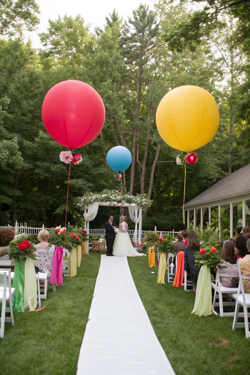 A garden wedding adorned with enormous prismatic-hued orbs.
