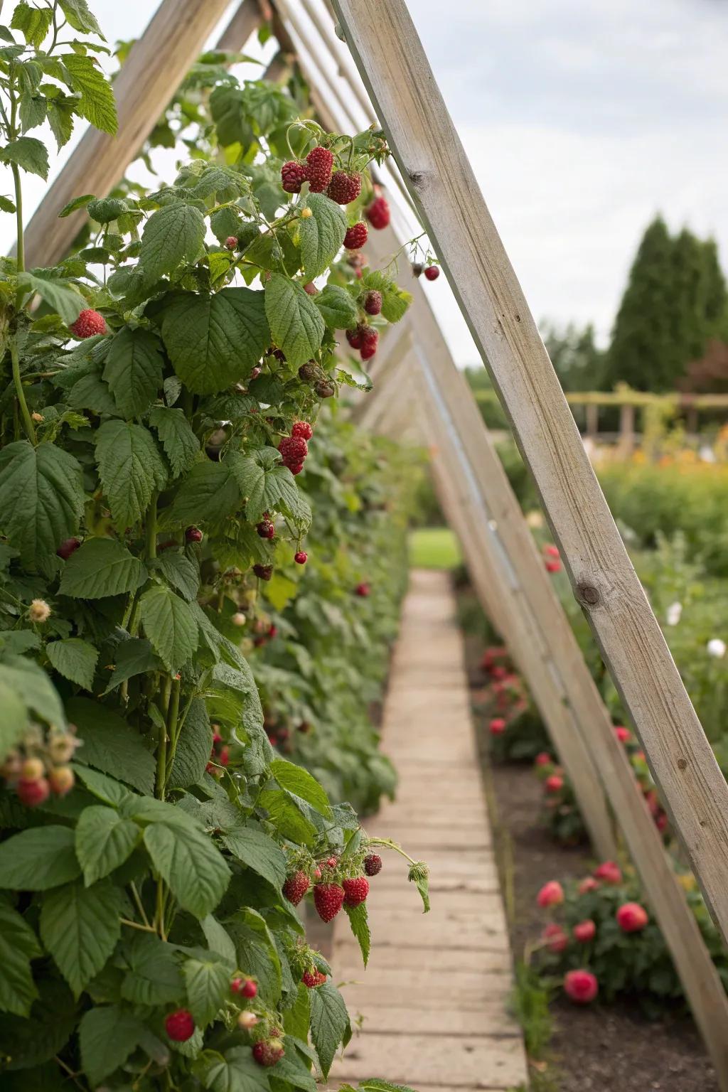 An A-shape trellis enables effortless berry access and contributes garden charm.