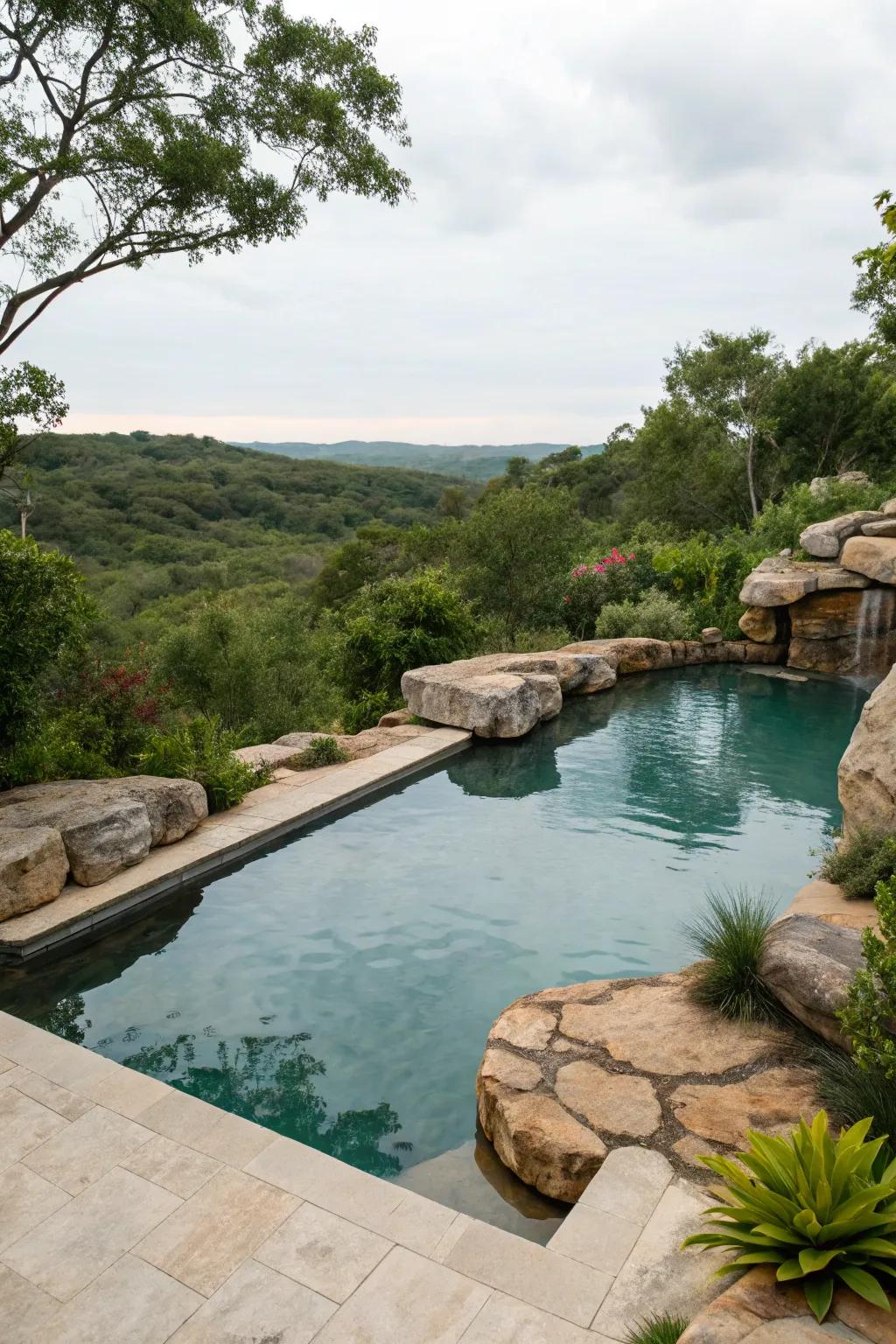 Natural rock shapes add an earthy touch to the pool zone.