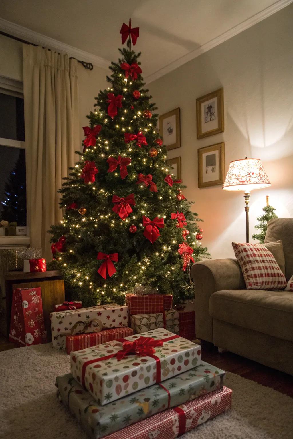Crimson streamers contributing allure across the holiday decorations.