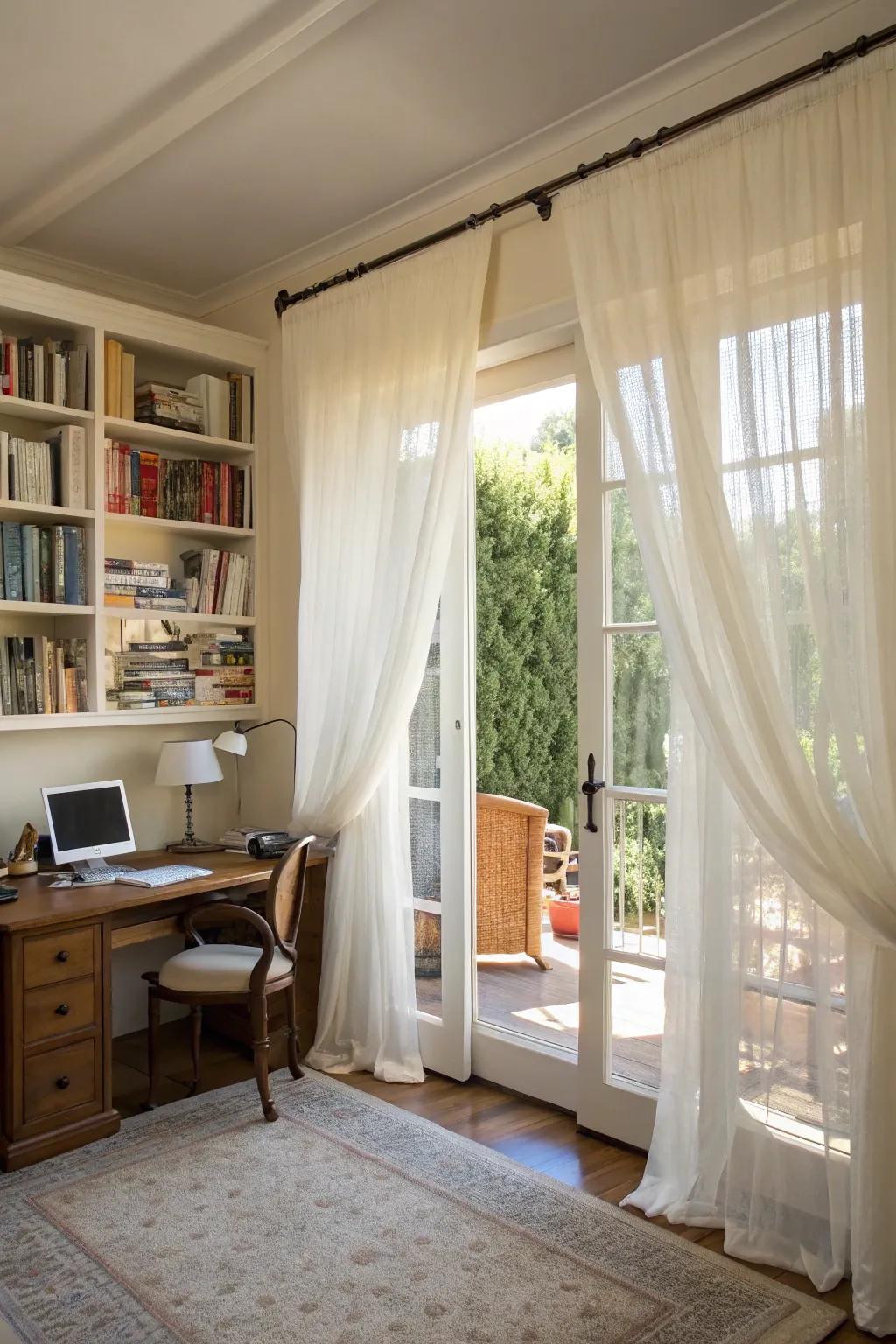 Adhesive strips create a seamless and sleek curtain look.