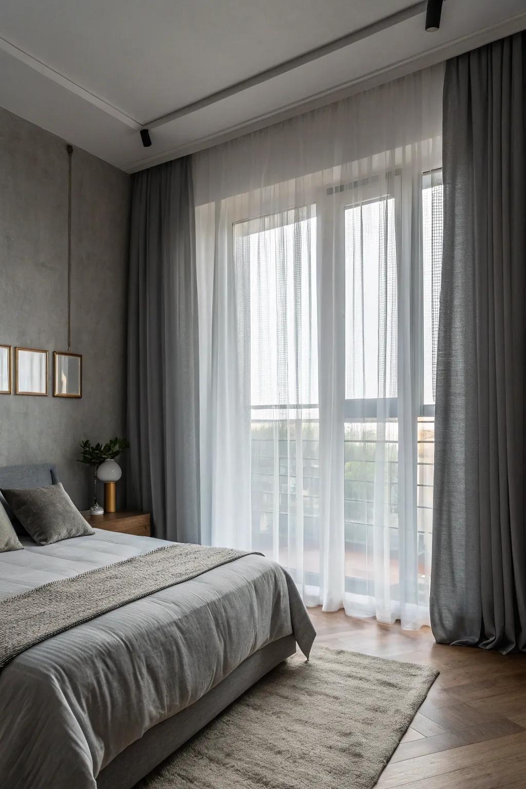 Sheer curtains allow sunlight to enhance the serene ambiance.