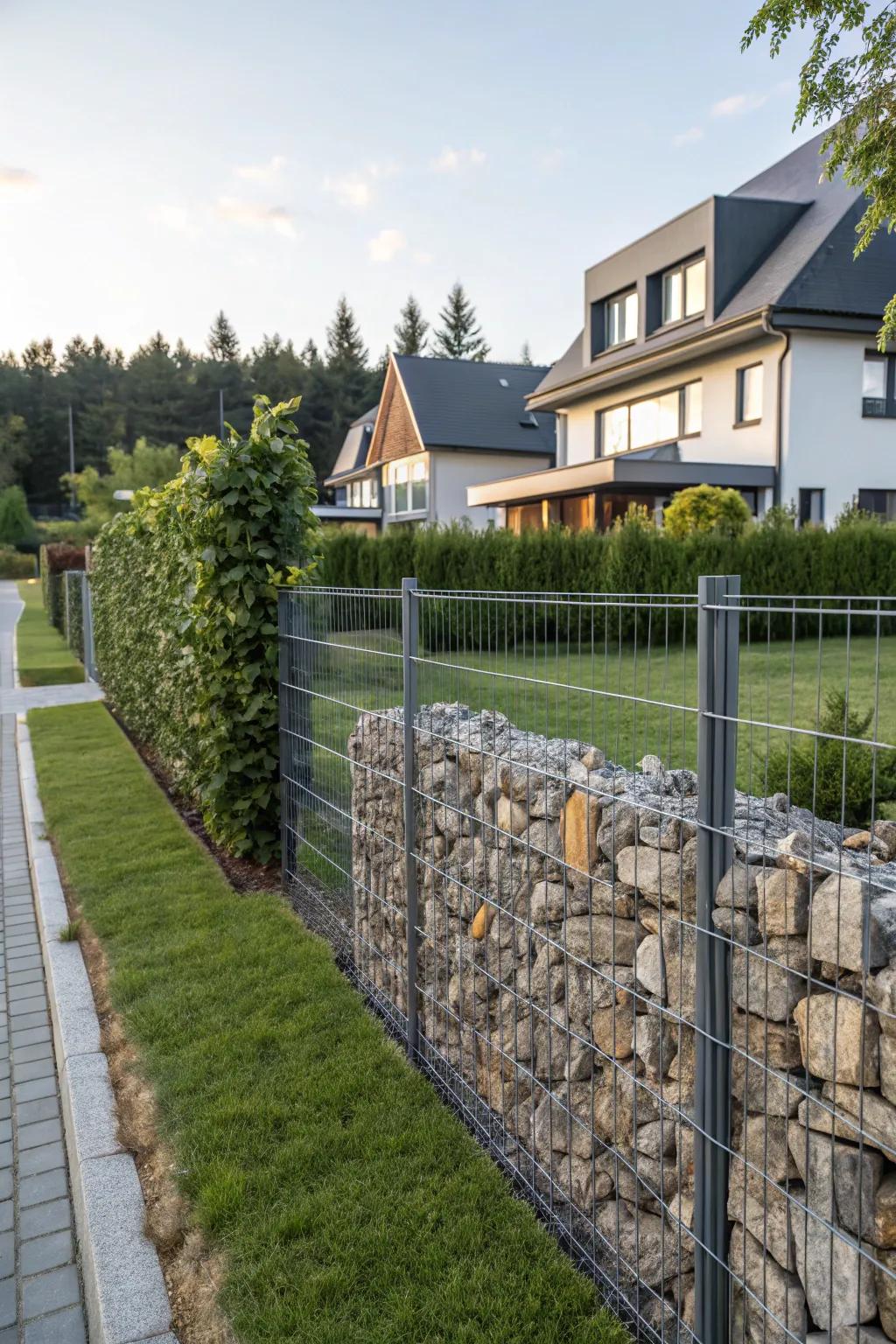 Gabion walls use raw materials to make a textural, lasting fence.
