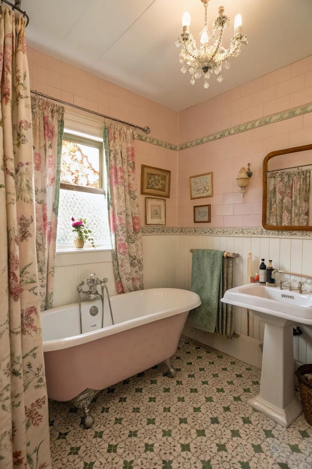 Pastel fittings infuse a gentle, calming element to a retro lavatory.