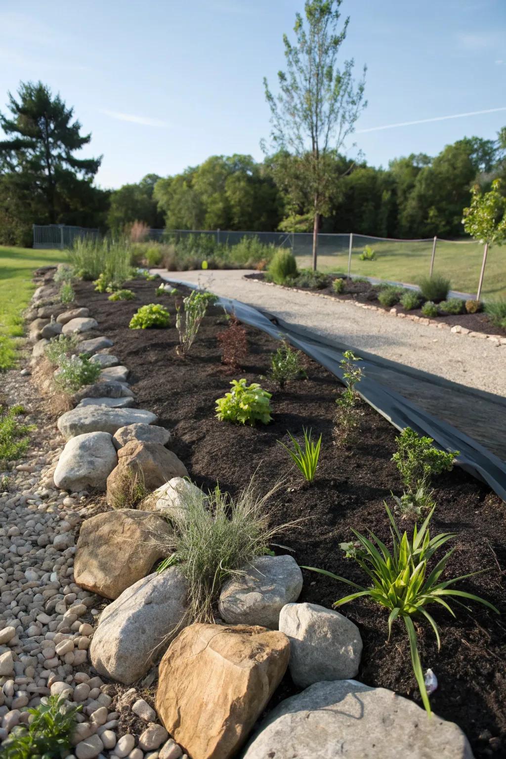 Rock mulch provides lasting coverage and a tidy look.