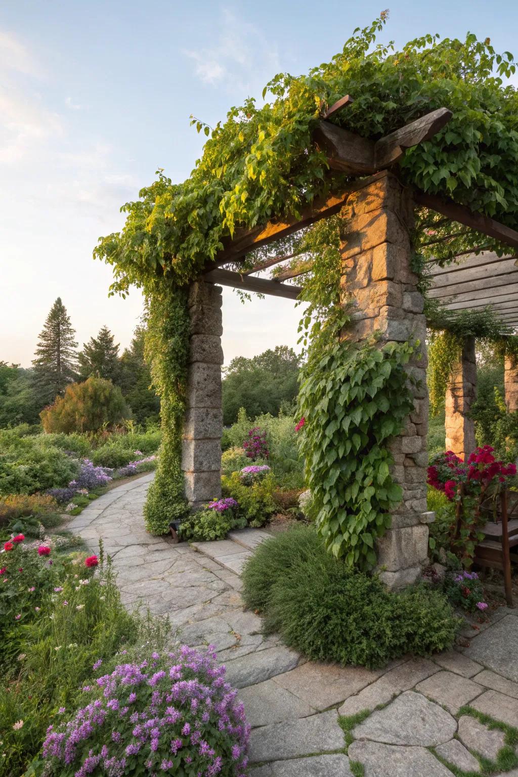 A stone pergola offers shade and supports vibrant greenery.