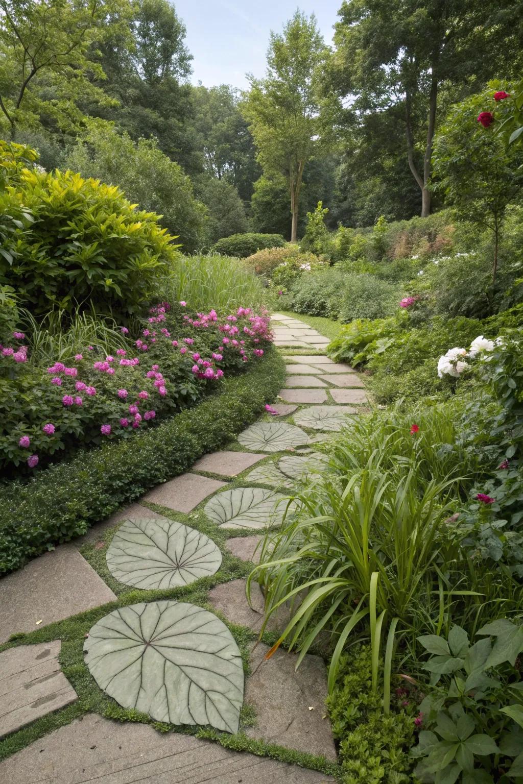 Leaf-shaped stones add a playful touch to garden paths.