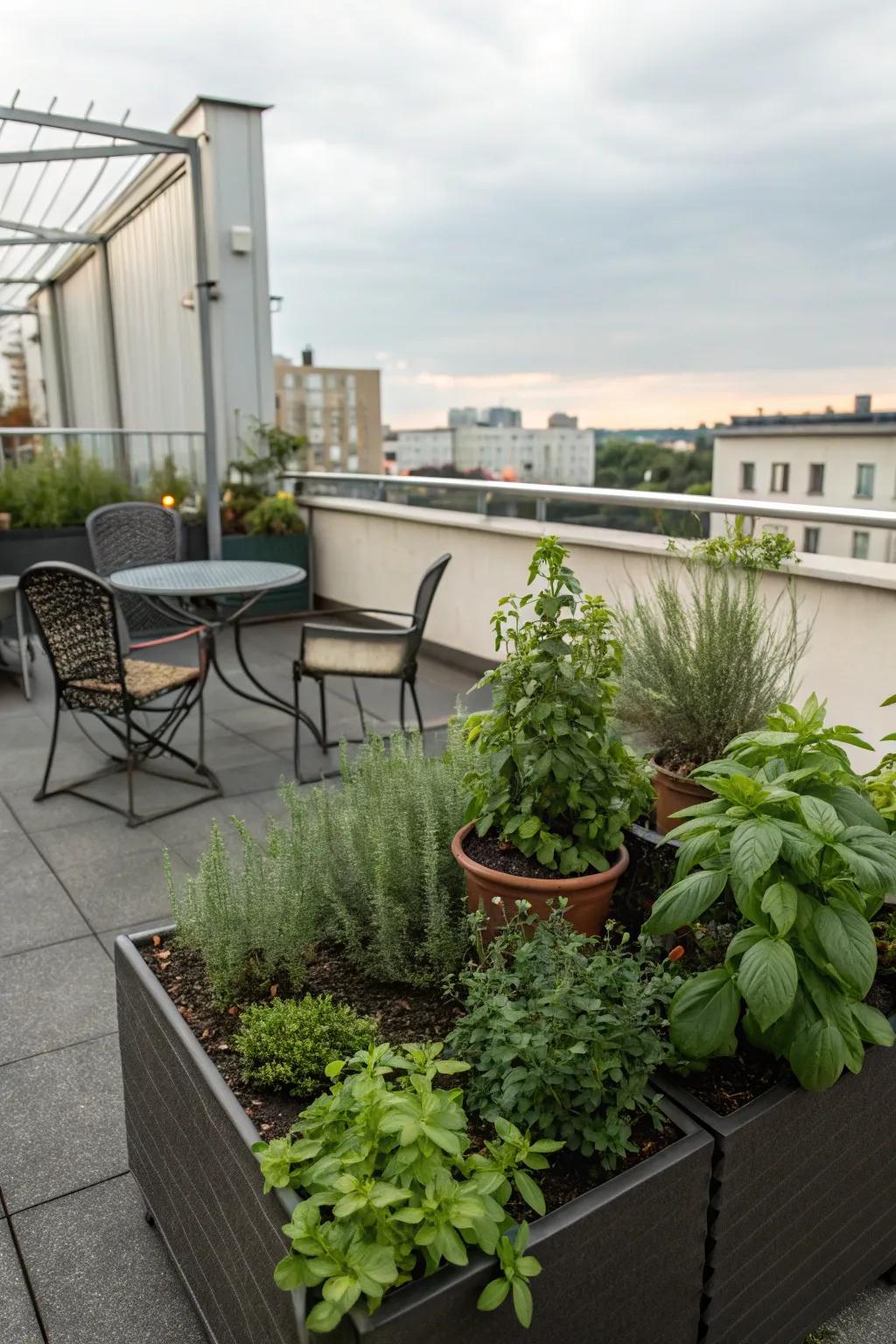 A petite herb garden enhances the practicality and aroma of your rooftop.