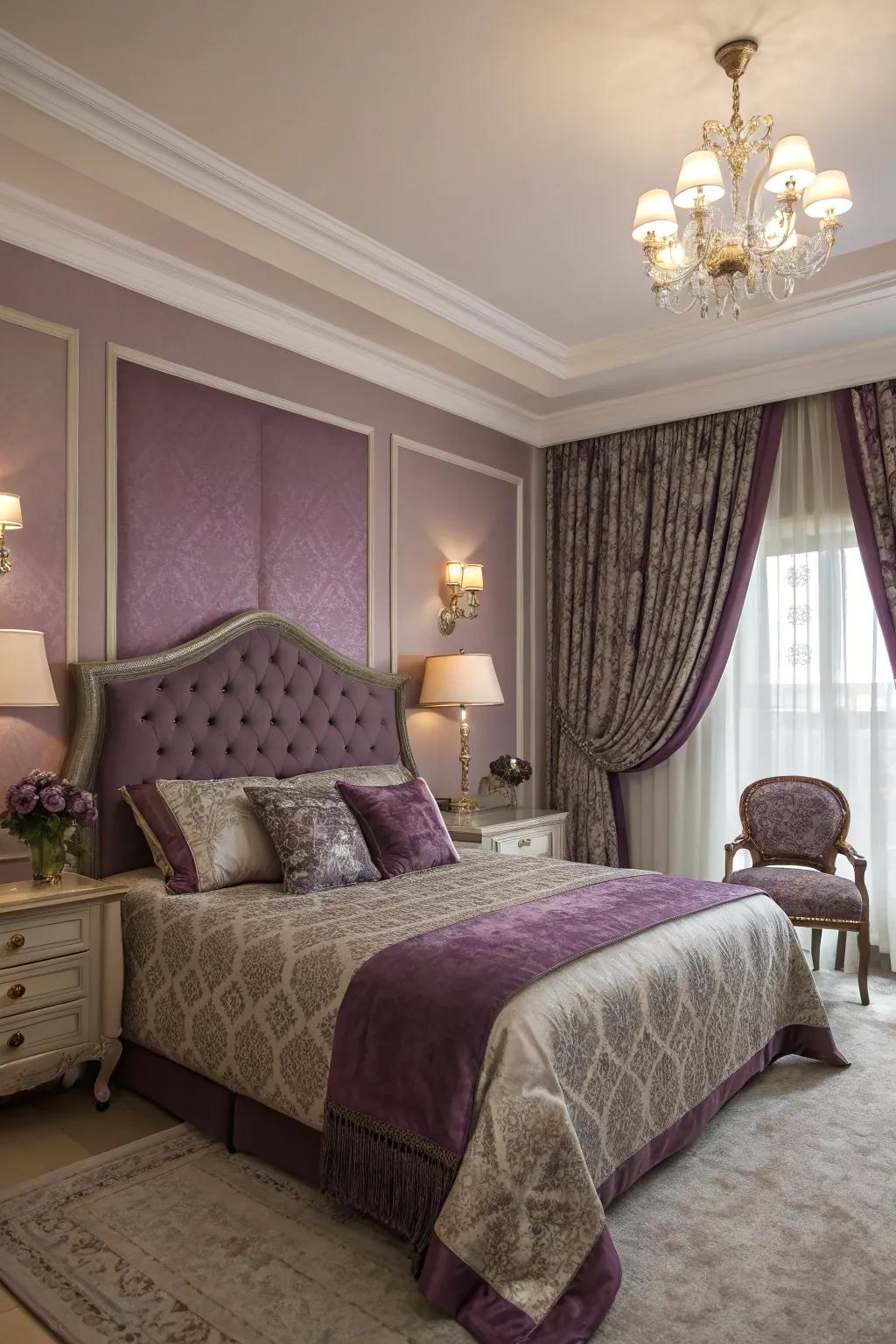 A sophisticated bedroom featuring mauve purple accents and cozy elegance.