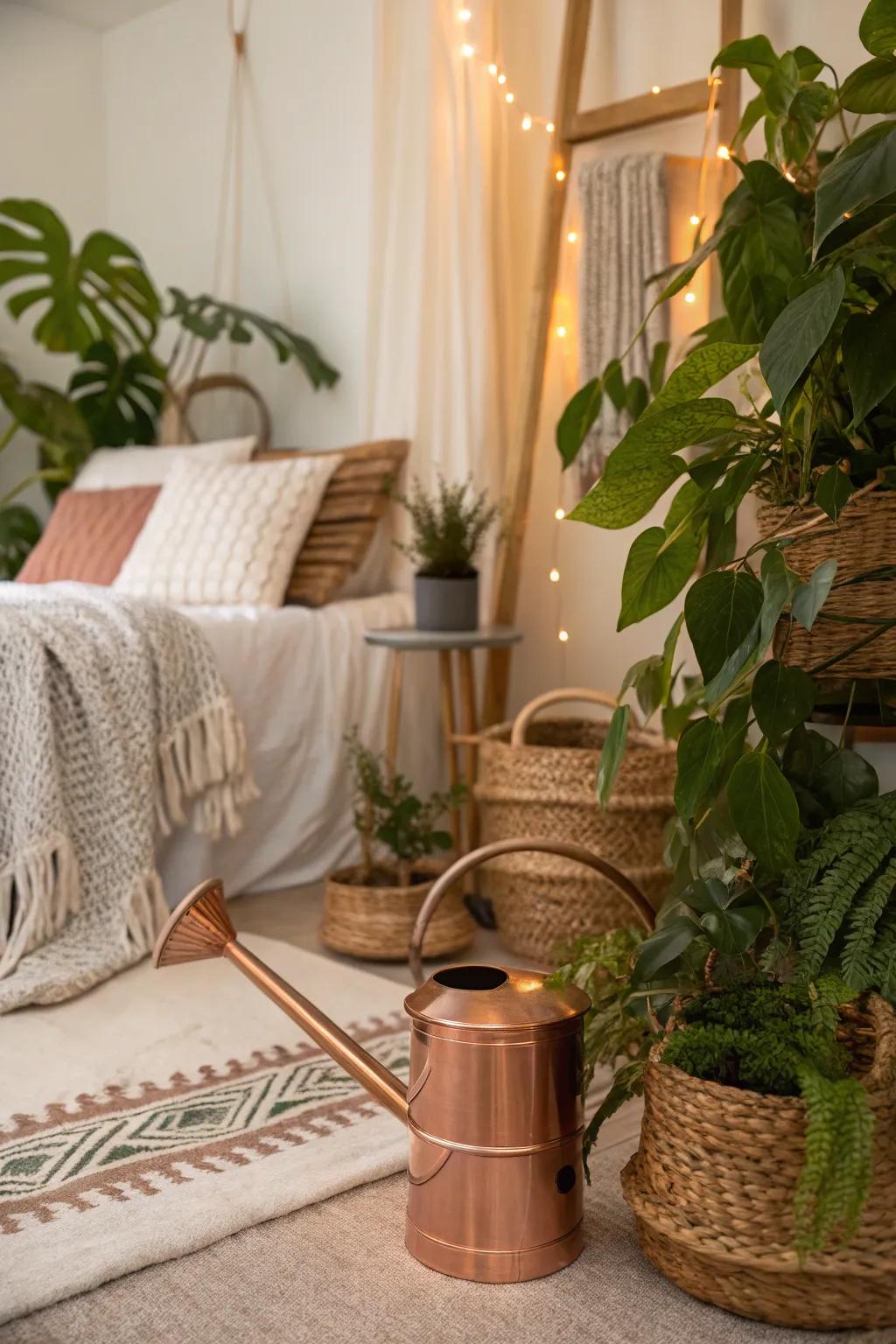 A bohemian botanical nook with a hint of blush-toned elegance.