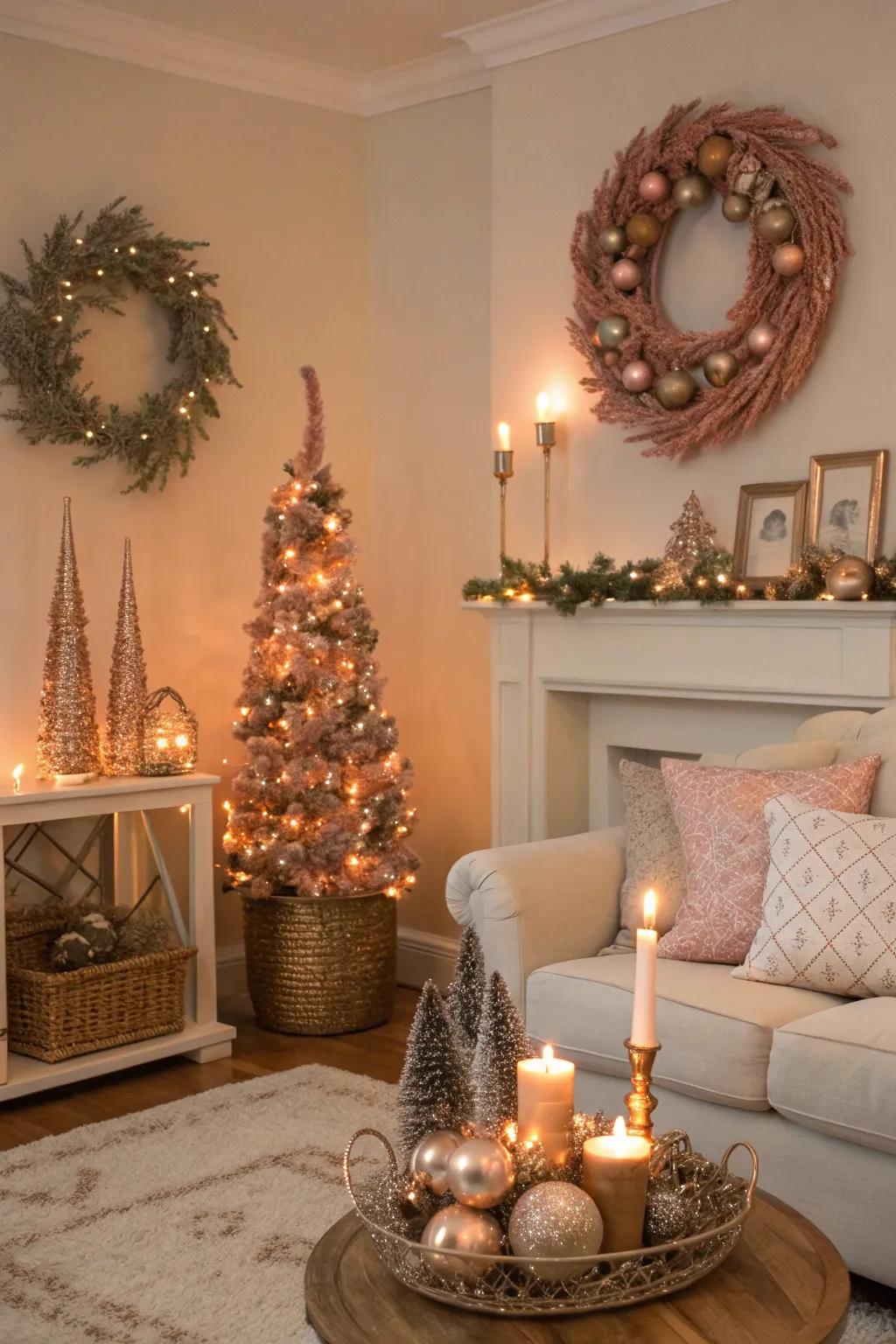 Seasonal details in rose gold revitalize the living room.
