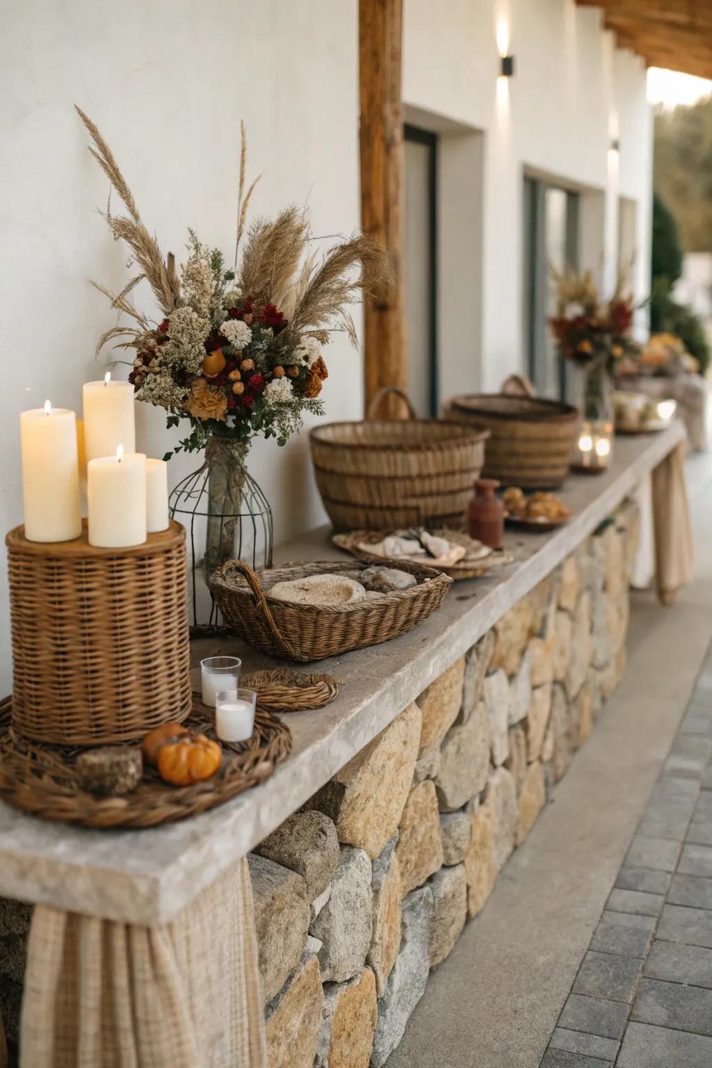 The country buffet is given an earthy base by organic stone accents.