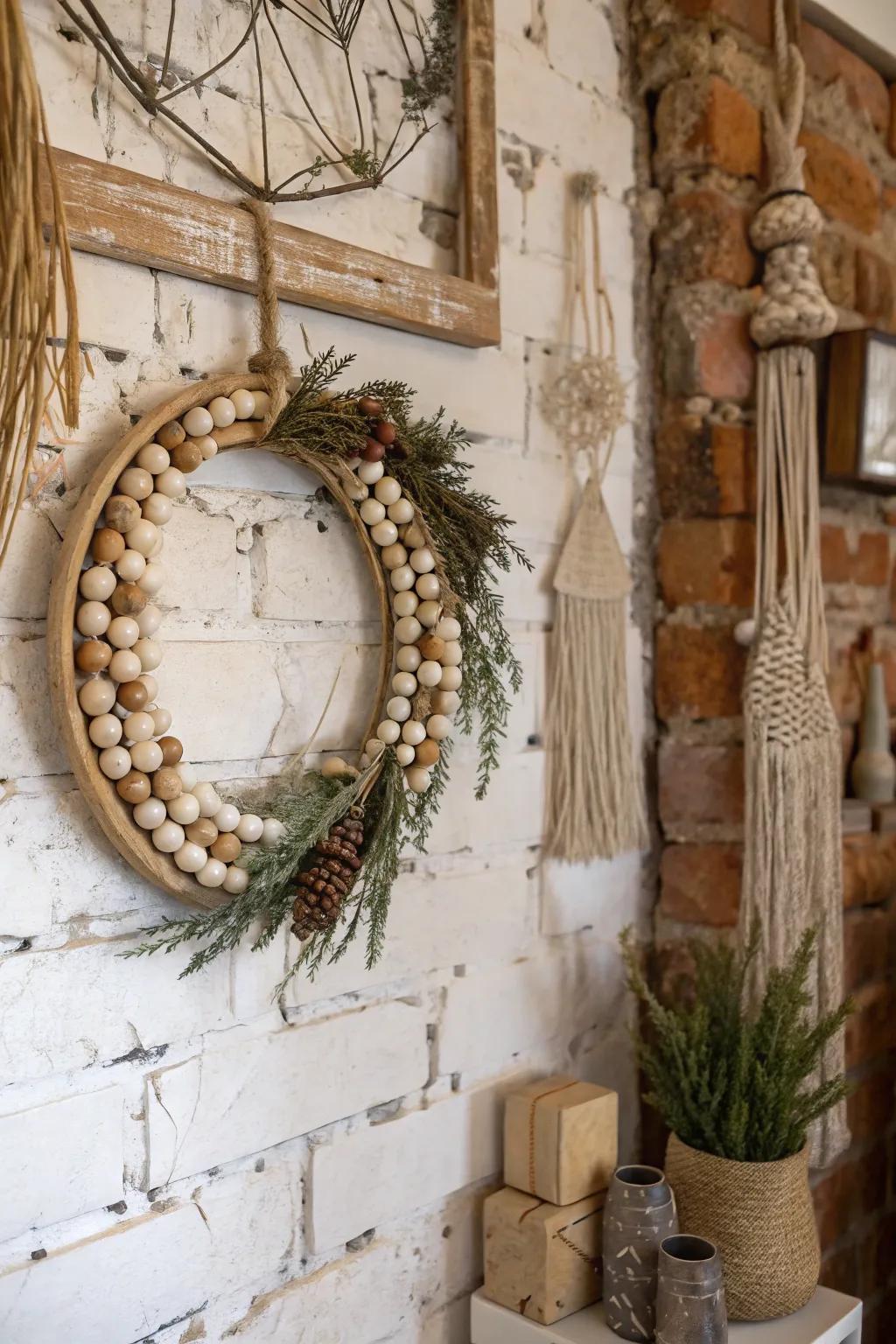 Rustic beads bring a boho-chic flair to this wreath.