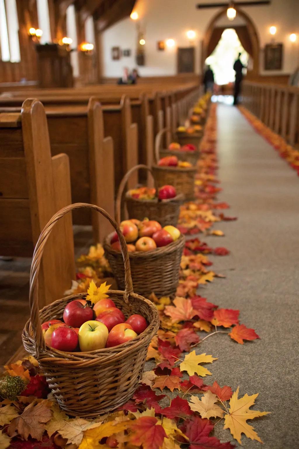 Seasonal foliage crafts a vibrant and natural aisle.