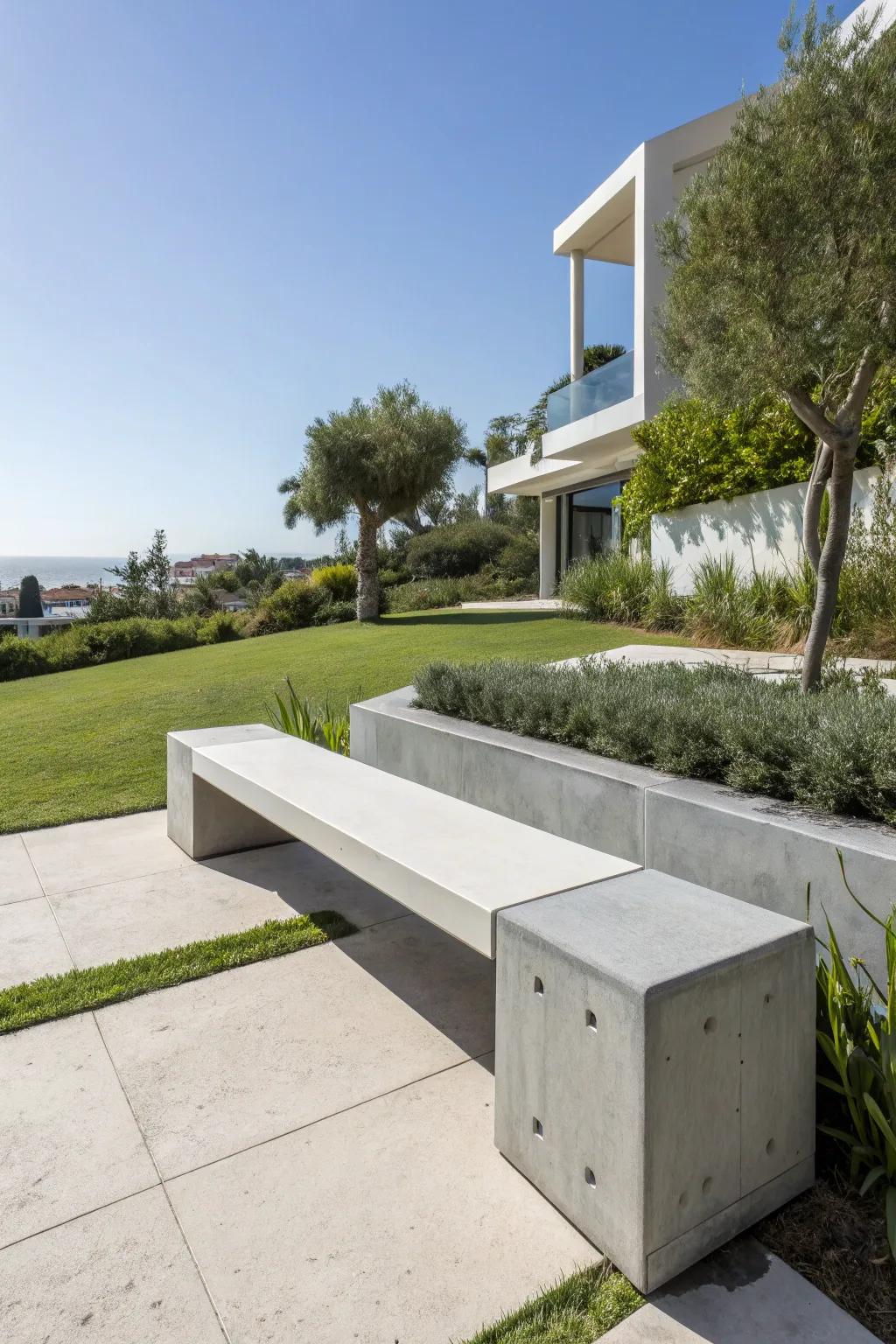 An industrial cement bench providing a modern garden touch.