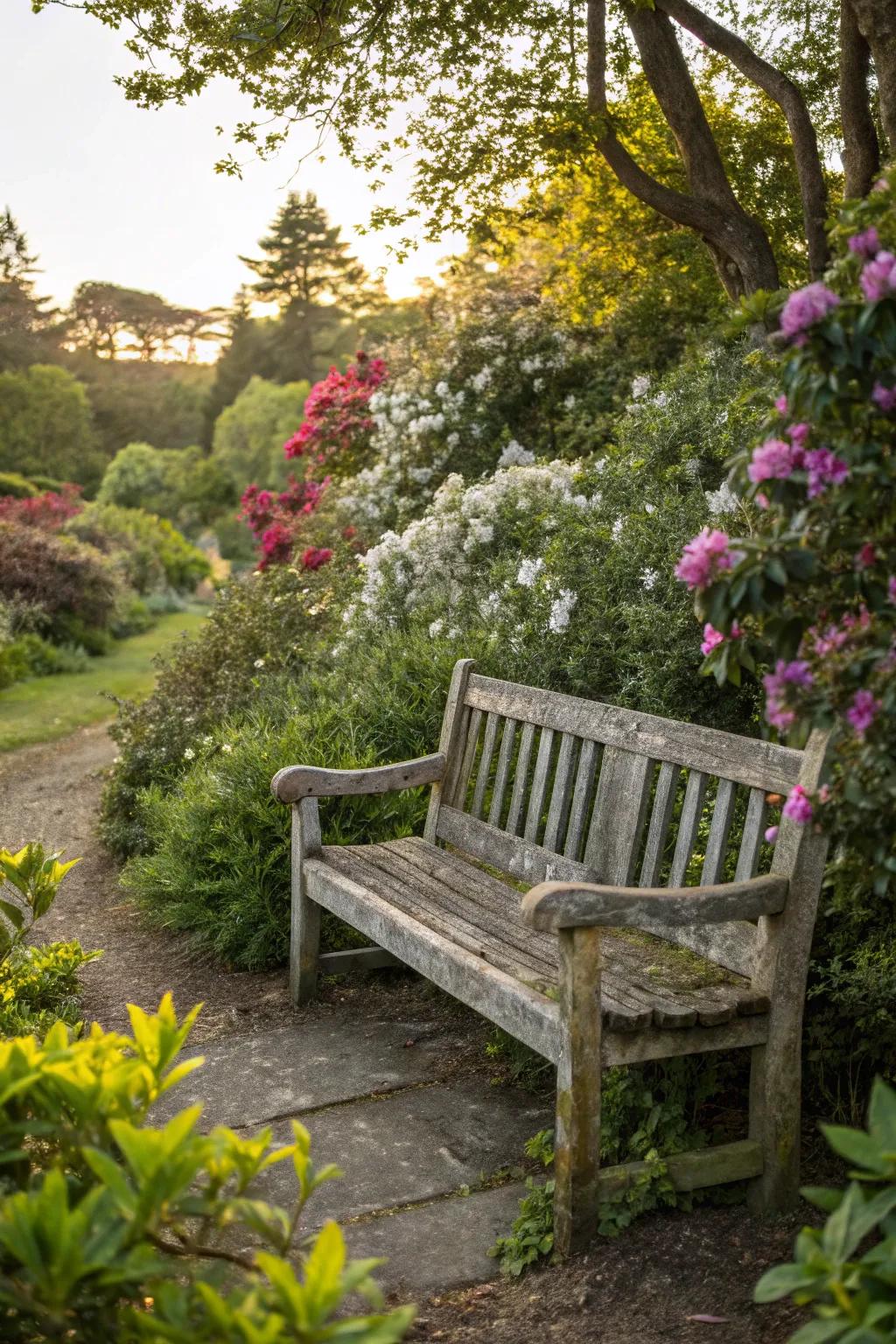 A countryside seat beckons relaxation in a garden setting.
