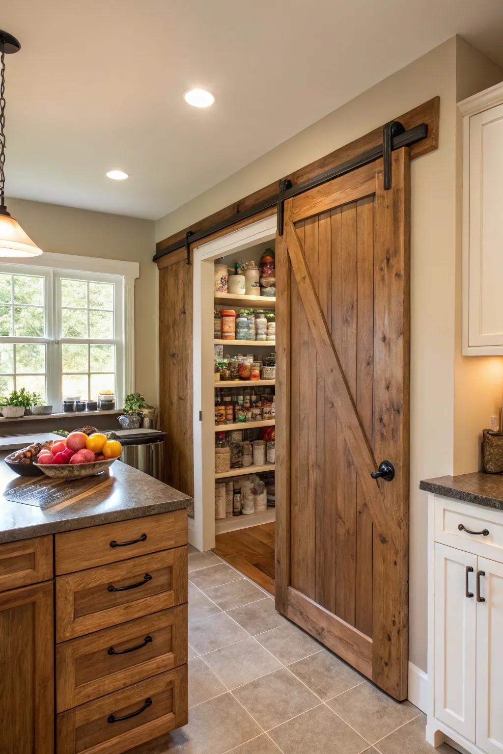 Barn-style doors add both style and practicality to the kitchen.