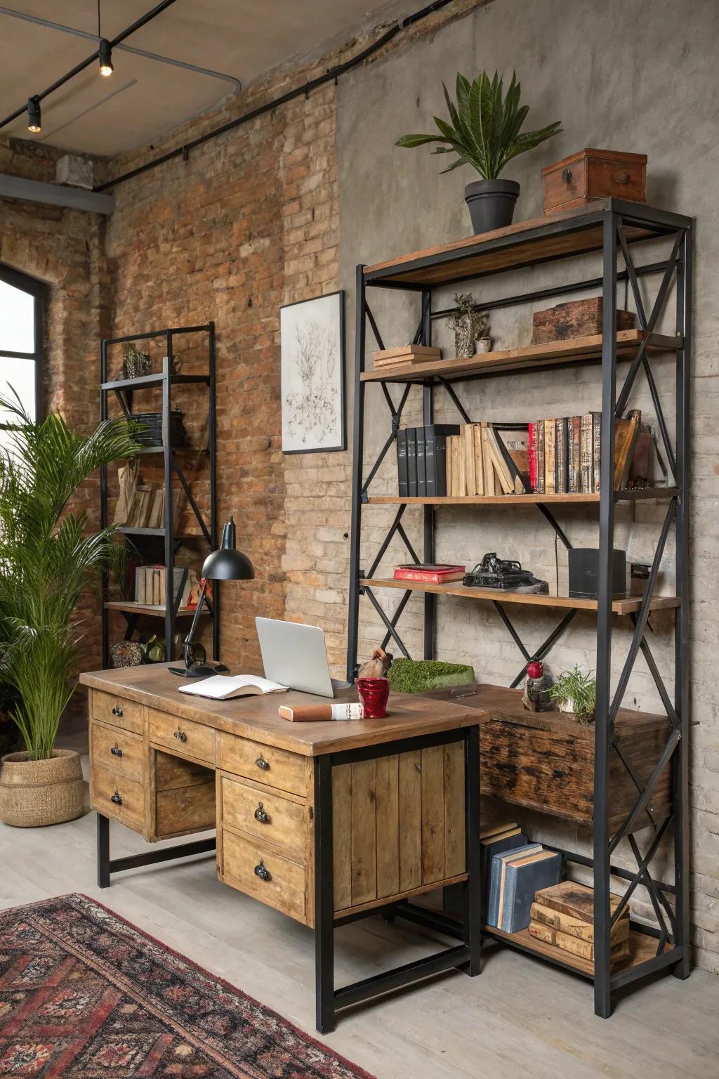 Factory shelving provides panache and function in a country-style office.