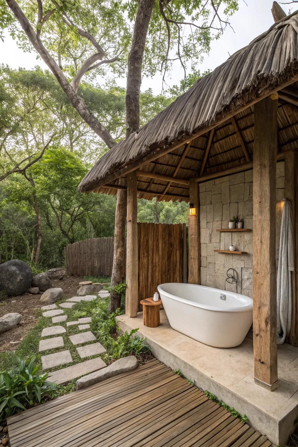 A sheltered bathroom offers comfort in any weather.