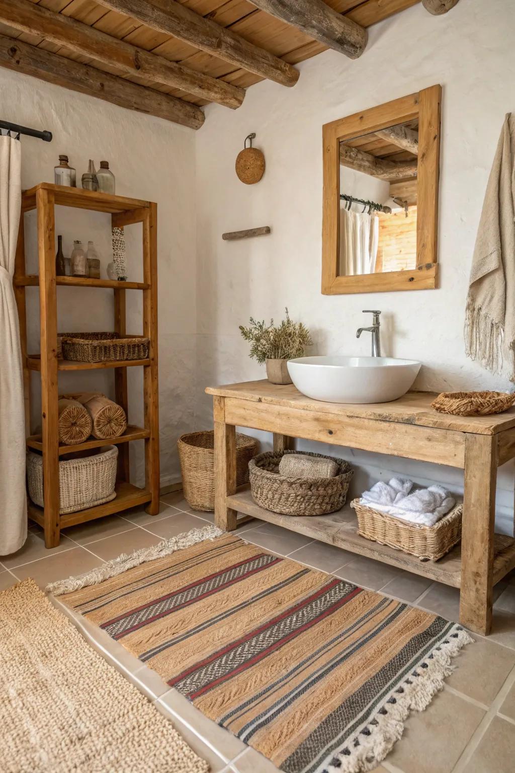 Hand-loomed rugs introduce comfort and texture to the bathroom.