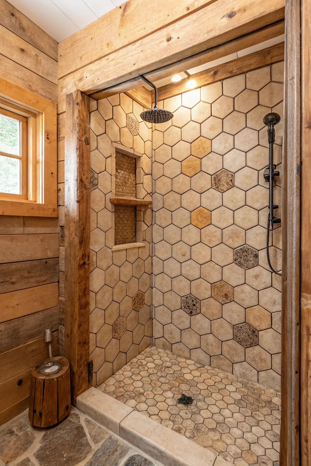 Symmetric tiling offers geometric intrigue in this rustic setting.