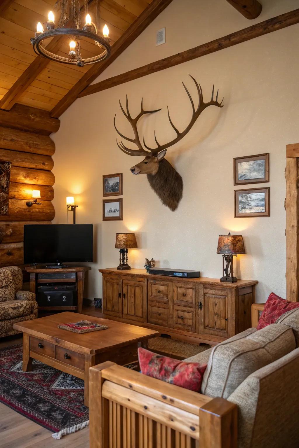 A man-made antler wall attachment serves as a striking statement piece in countryside decor.