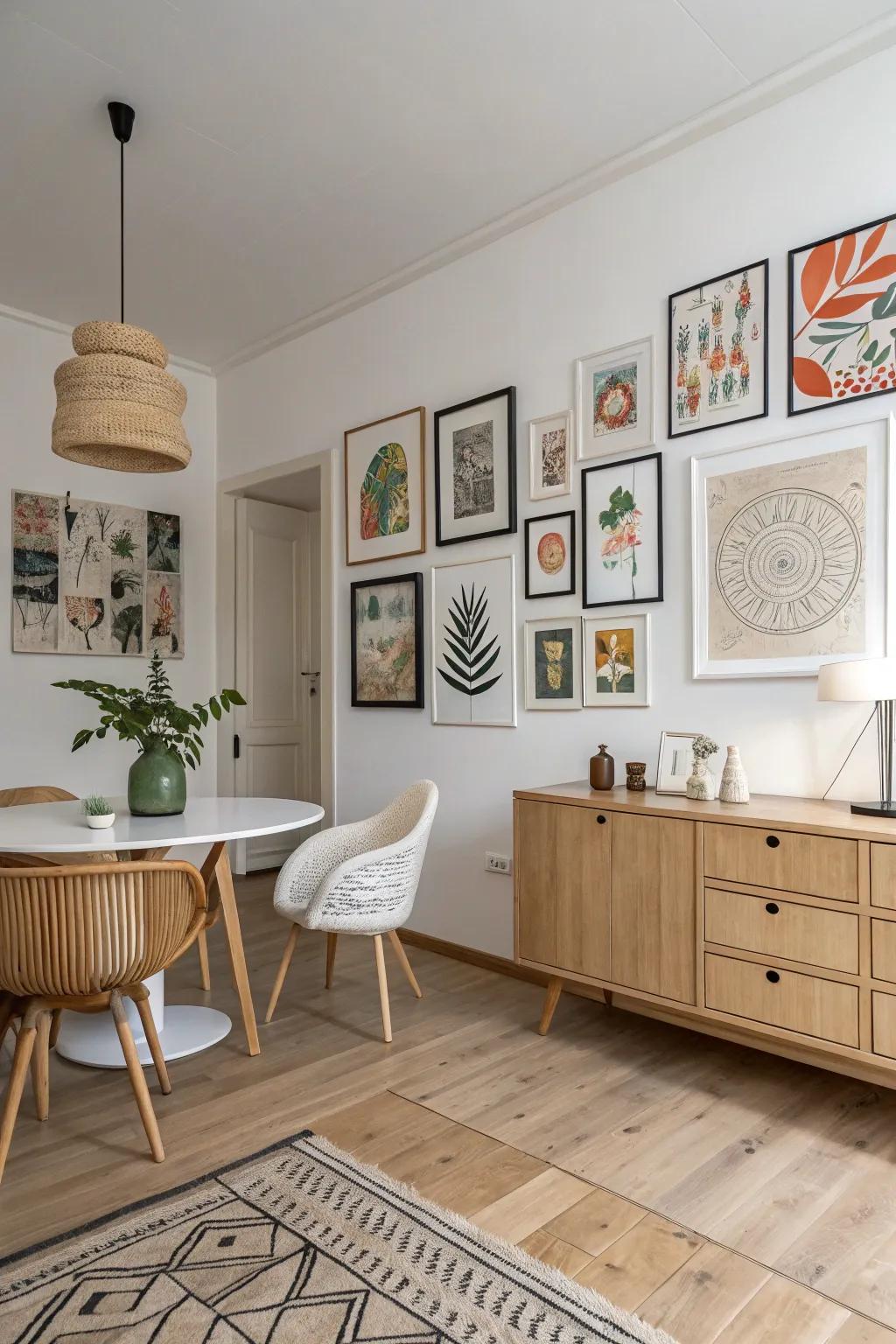 Eclectic art pieces add personality to this Scandinavian room.