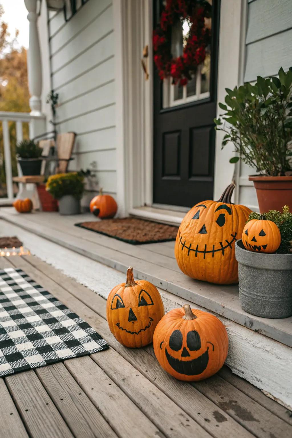 A scarecrow pumpkin family with unique expressions.