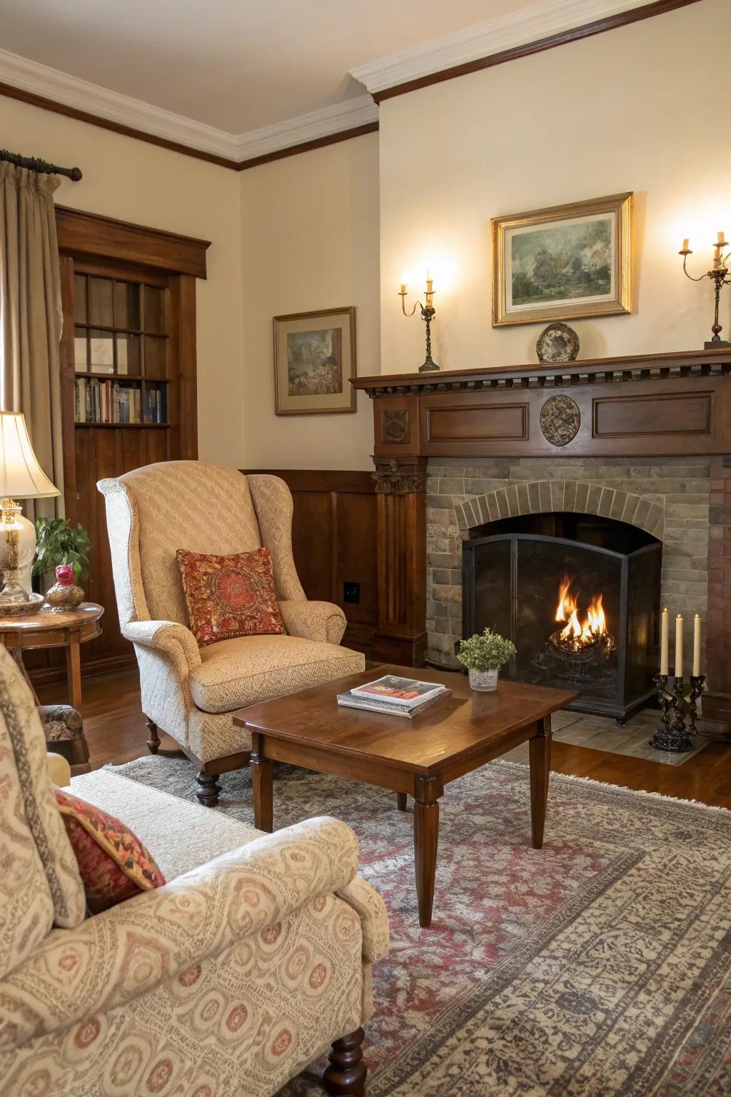 Vintage furniture adds charm and personality to the fireplace seating area.