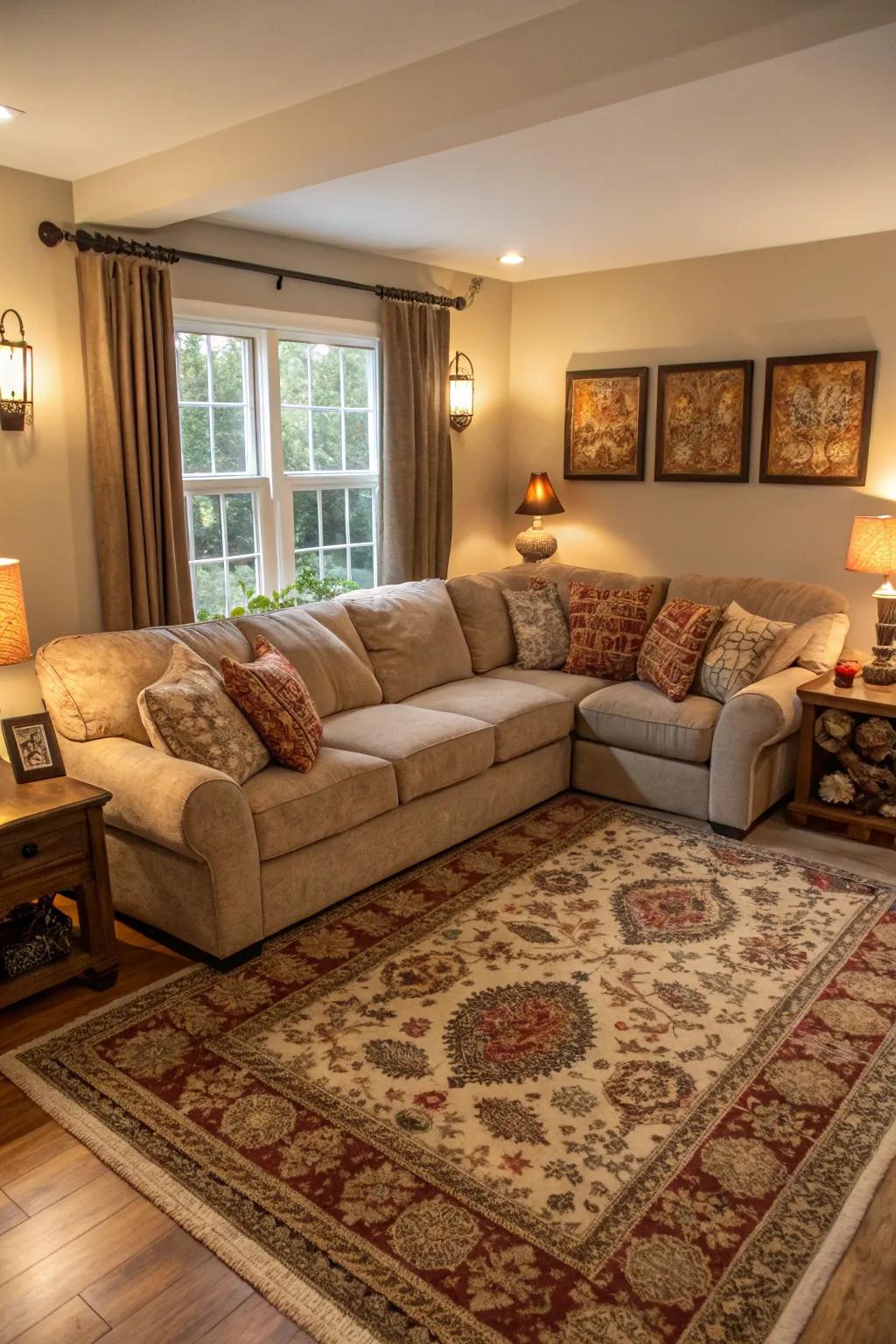 A rug can ground your sectional and add warmth to the room.
