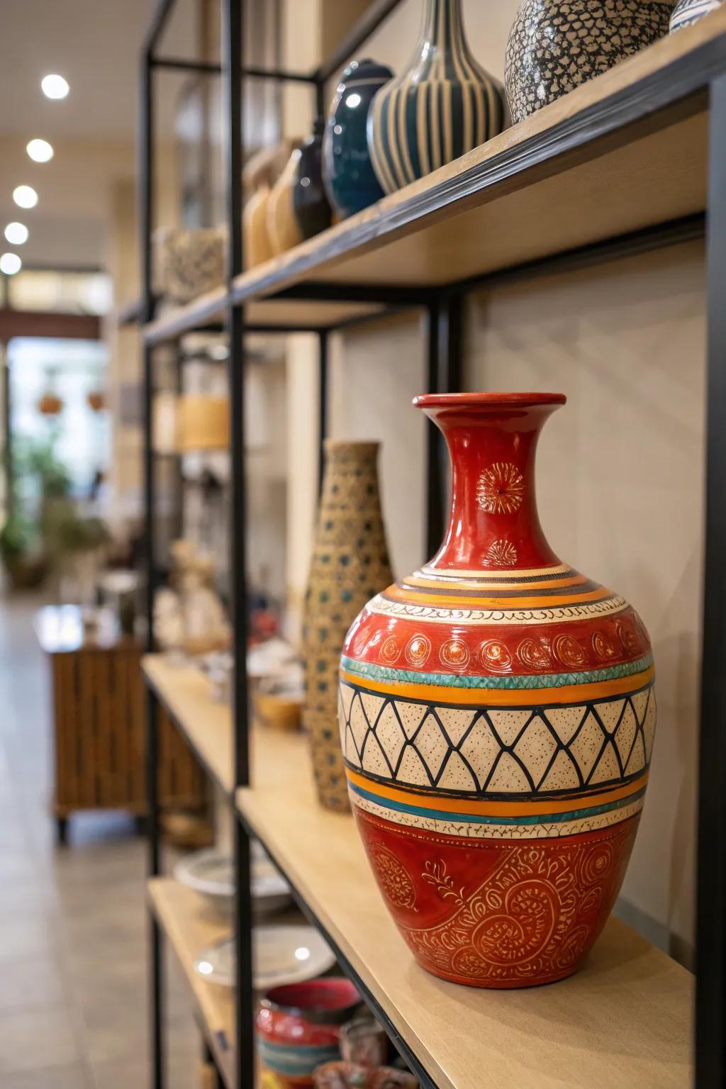 An audacious pot acts as a focal point, making the shelf stand out.