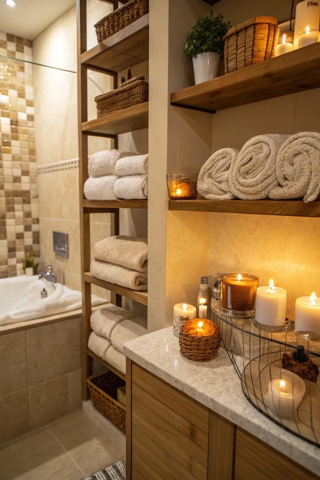 Bathroom shelves featuring plush towels and lights for a spa ambiance.