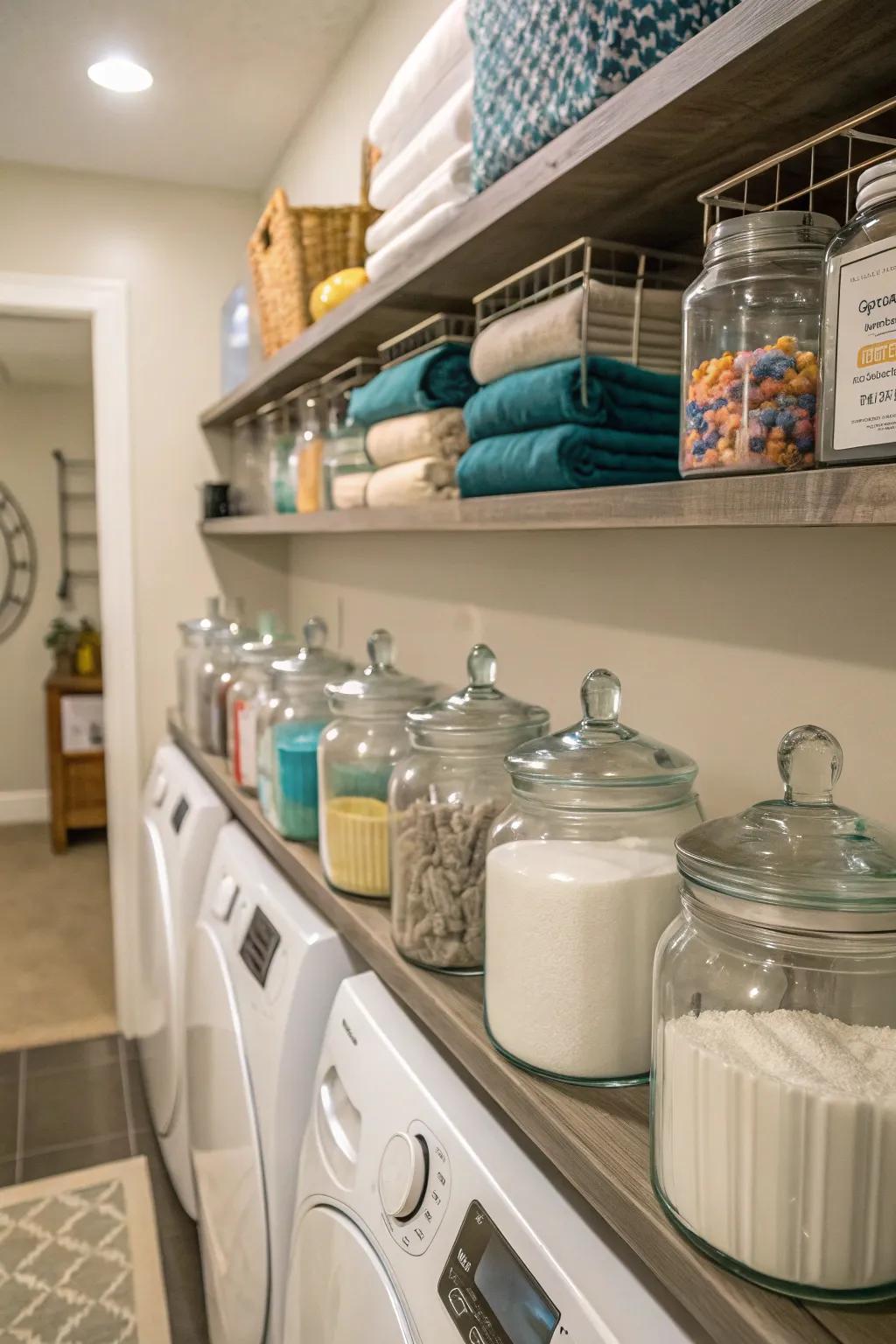 Glass jars containing laundry essentials are shown on utility room shelves in a chic and accessible manner.