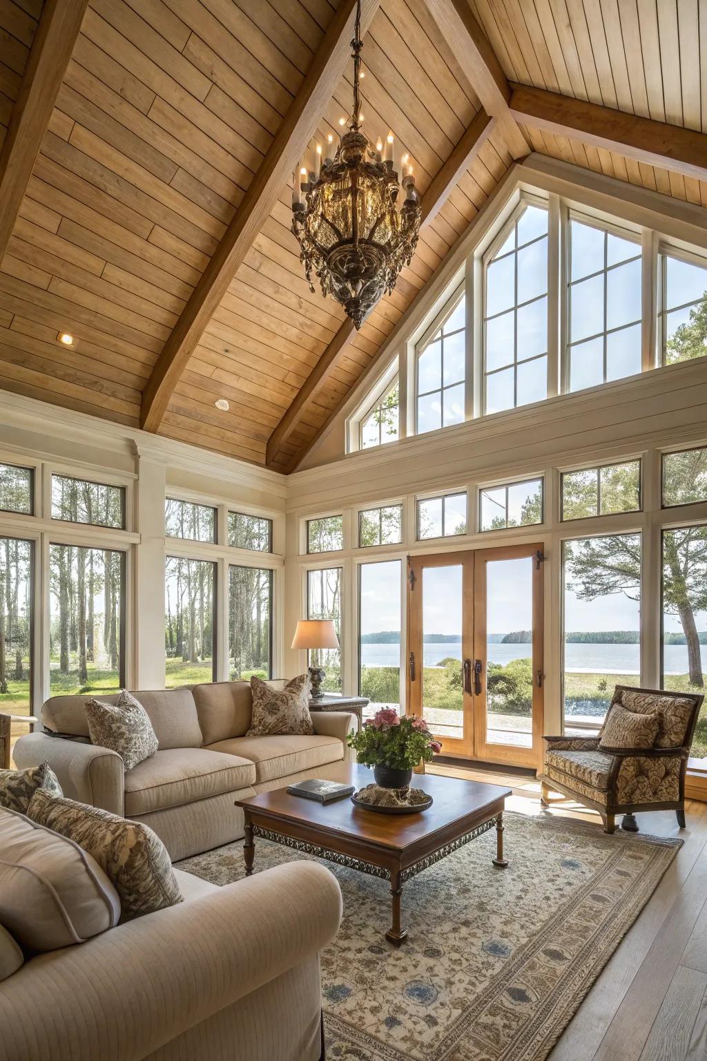 An imposing curved shiplap ceiling that unfastens the area.