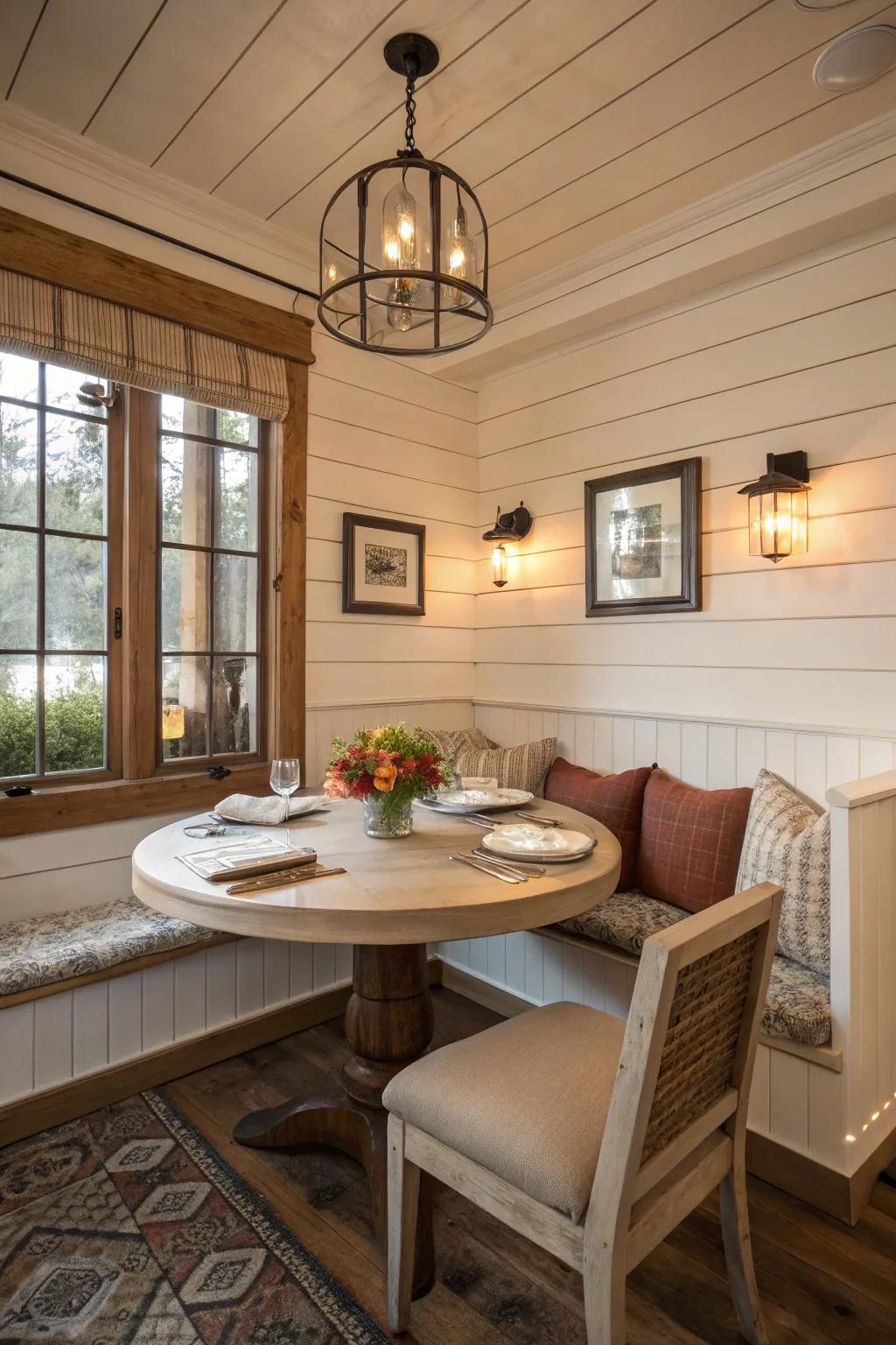 A cozy corner space with wood-panel walls and comfy seating.