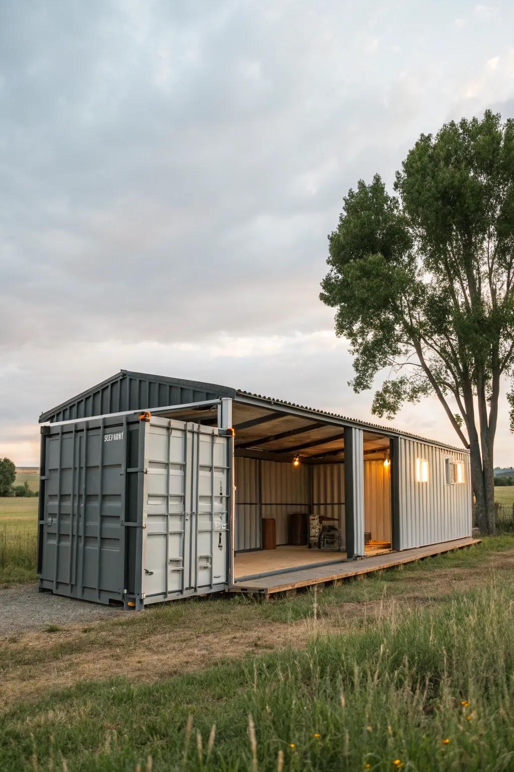 A cargo box barn designed to be enlarged in the future.
