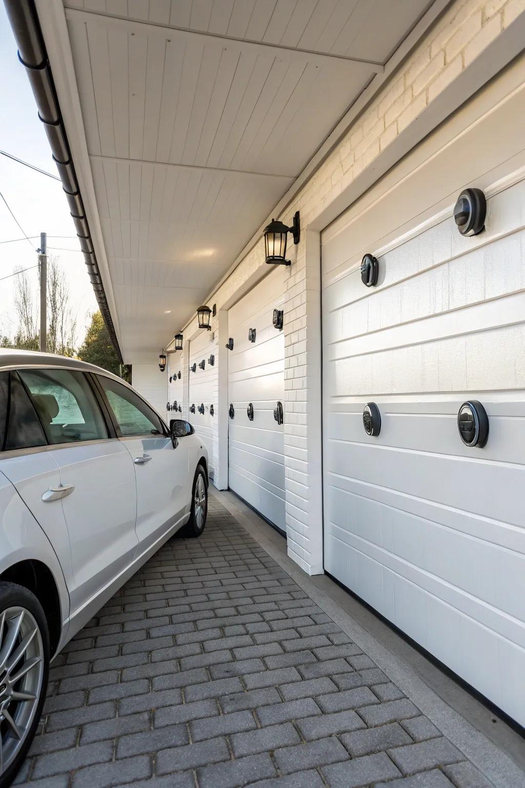 Wall bumpers preventing car door damage in a garage.