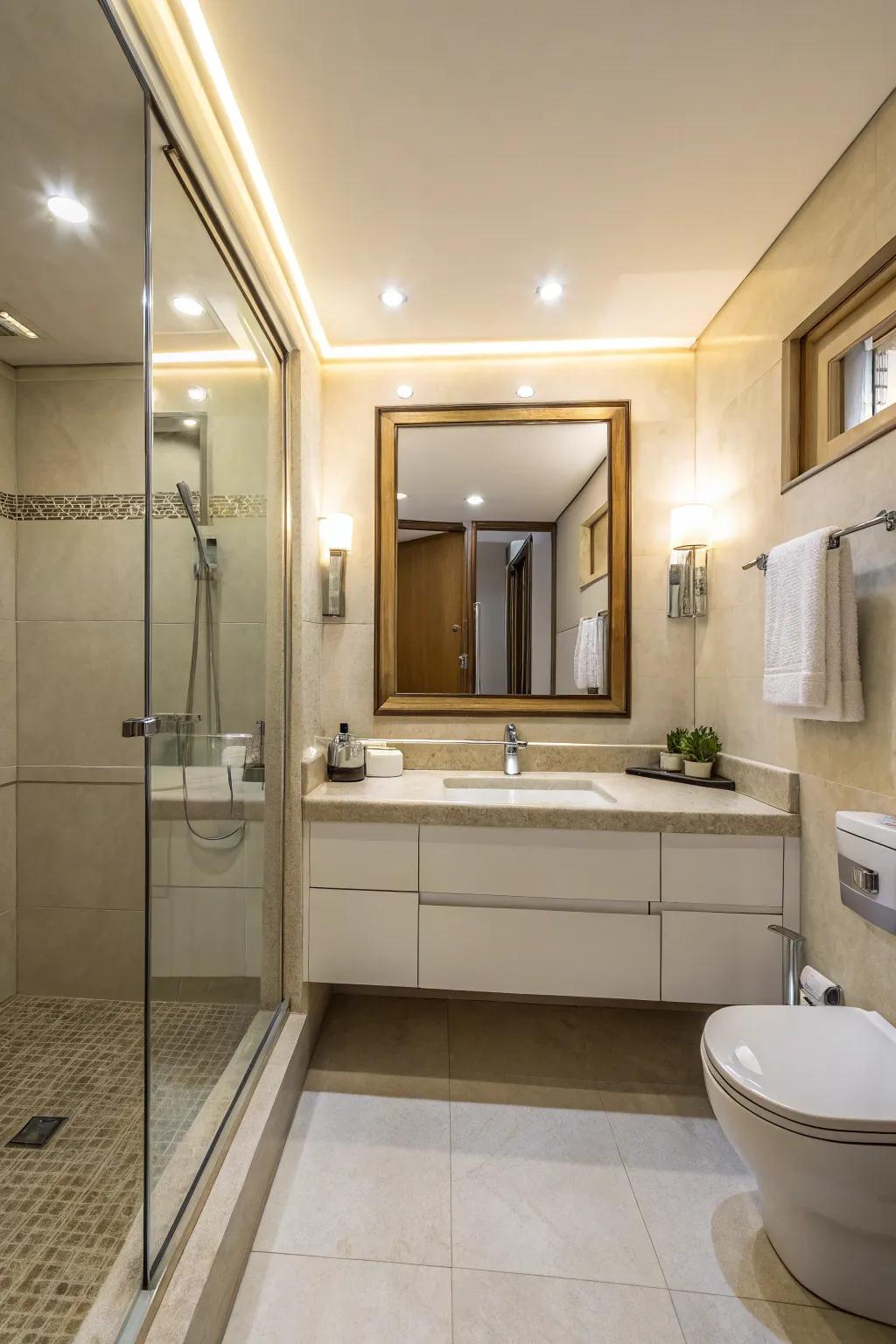 Mirrors amplify light and space, ideal for compact bathrooms.