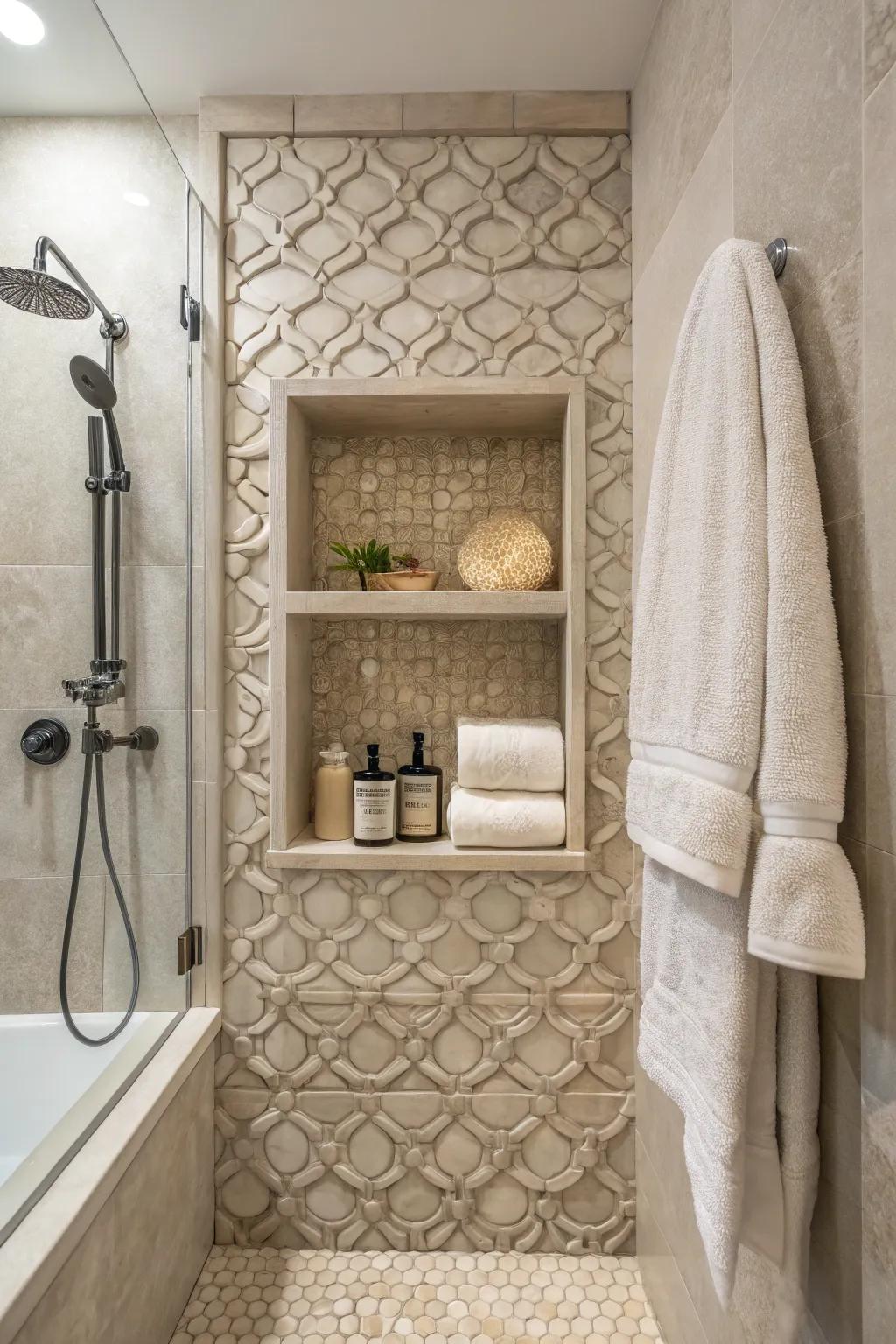Textured tiles creating depth and allure inside a shower recess