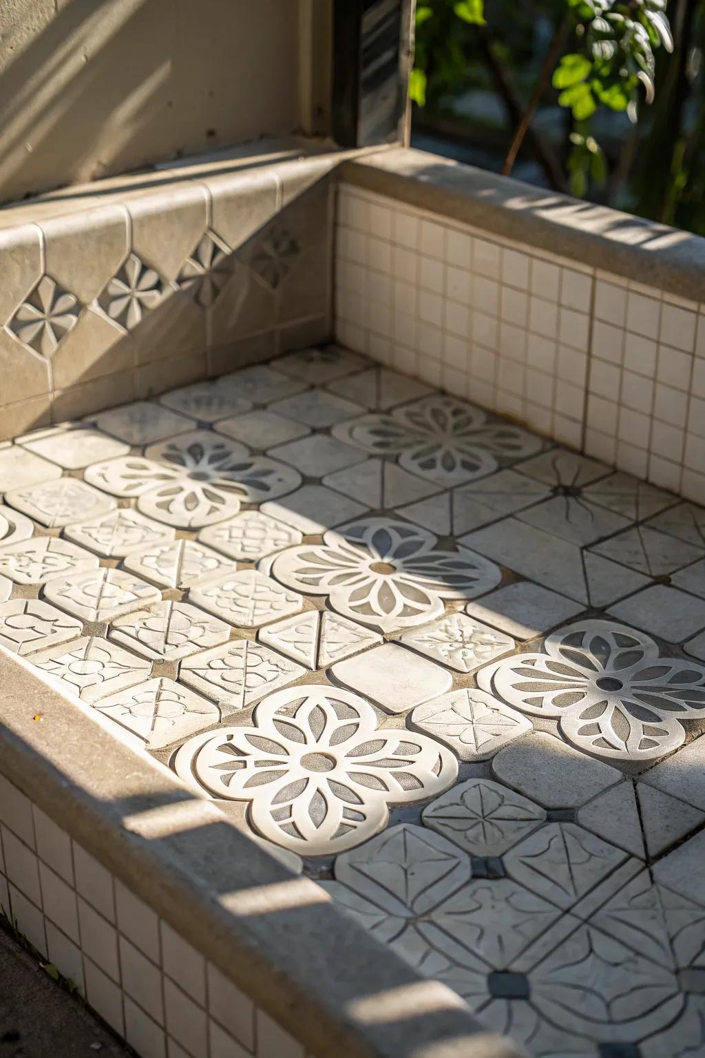 Three-dimensional units on this shower pan add depth and make captivating light and shadow effects.