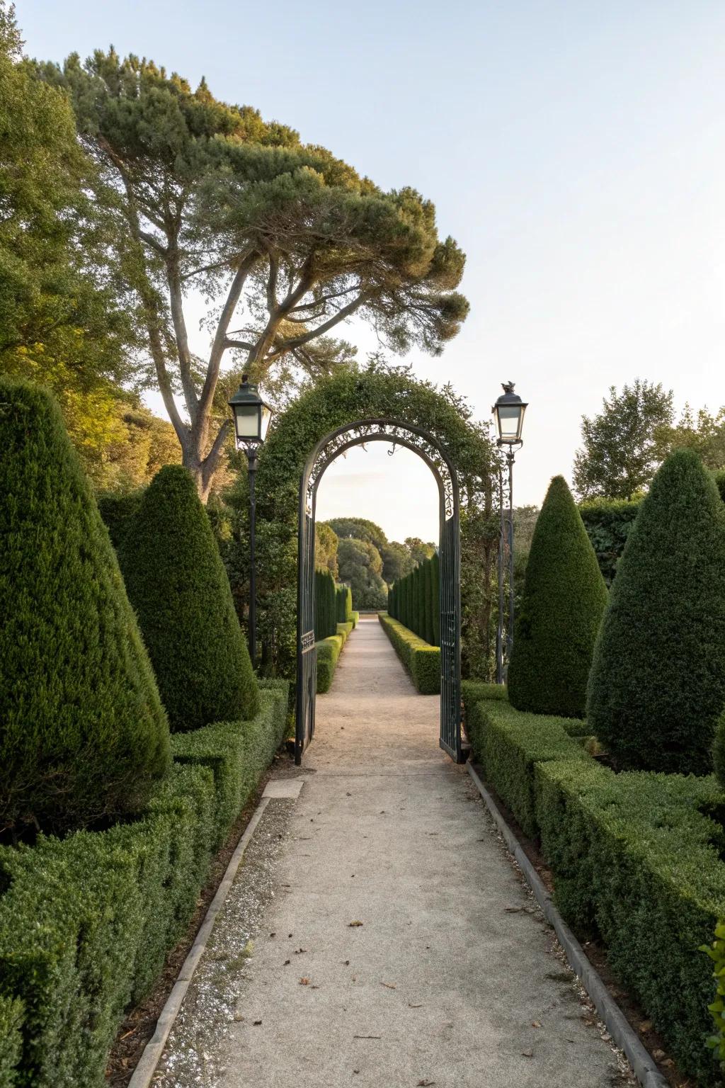 Balanced shrub planting establishes a grand and inviting garden entrance.