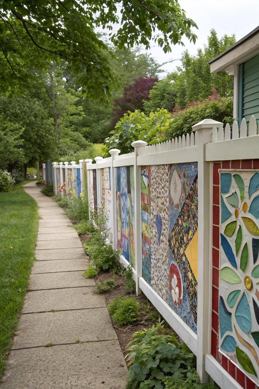Colorful side yard featuring a mosaic tile enclosure.